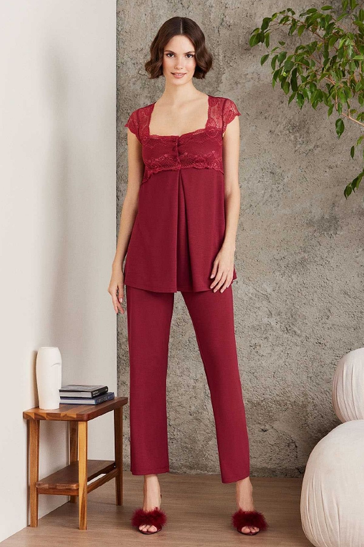 Pierre Cardin 2805 Hamile Lohusa Sabahlıklı Pijama Takım-Bordo