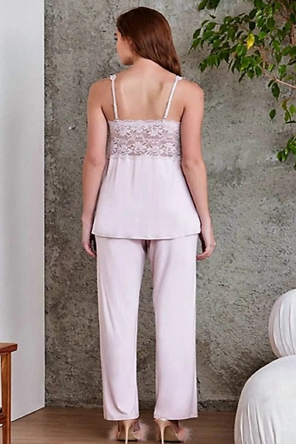 Pierre Cardin 2810 Kadın Dantelli Penye Sabahlıklı Pijama Takım-Pudra