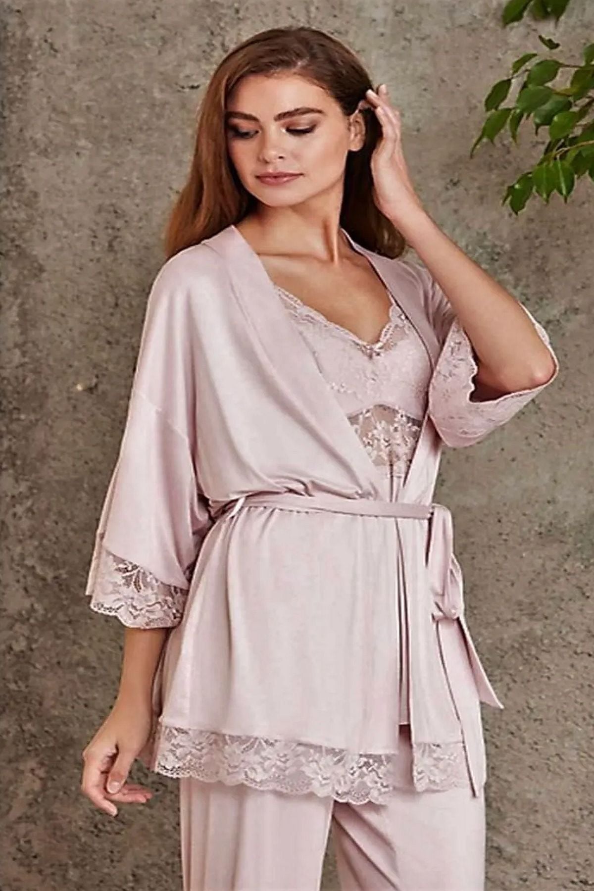 Pierre Cardin 2810 Kadın Dantelli Penye Sabahlıklı Pijama Takım-Pudra