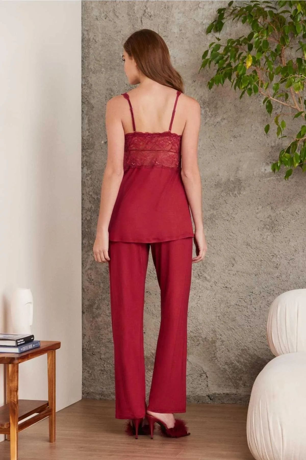 Pierre Cardin 2810 Kadın Dantelli Penye Sabahlıklı Pijama Takım-Bordo