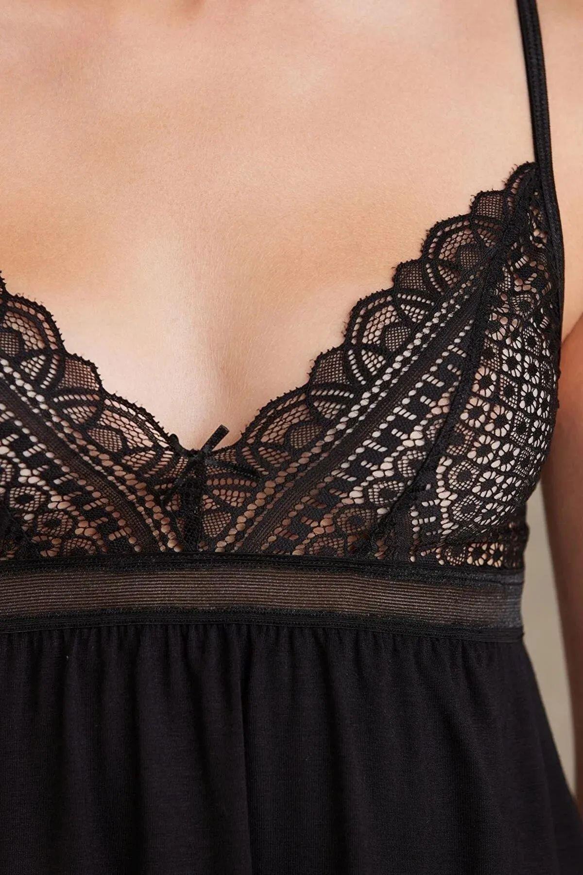 Pierre Cardin 2820 Kadın Penye Dantelli Sabahlıklı Pijama Takım-Siyah