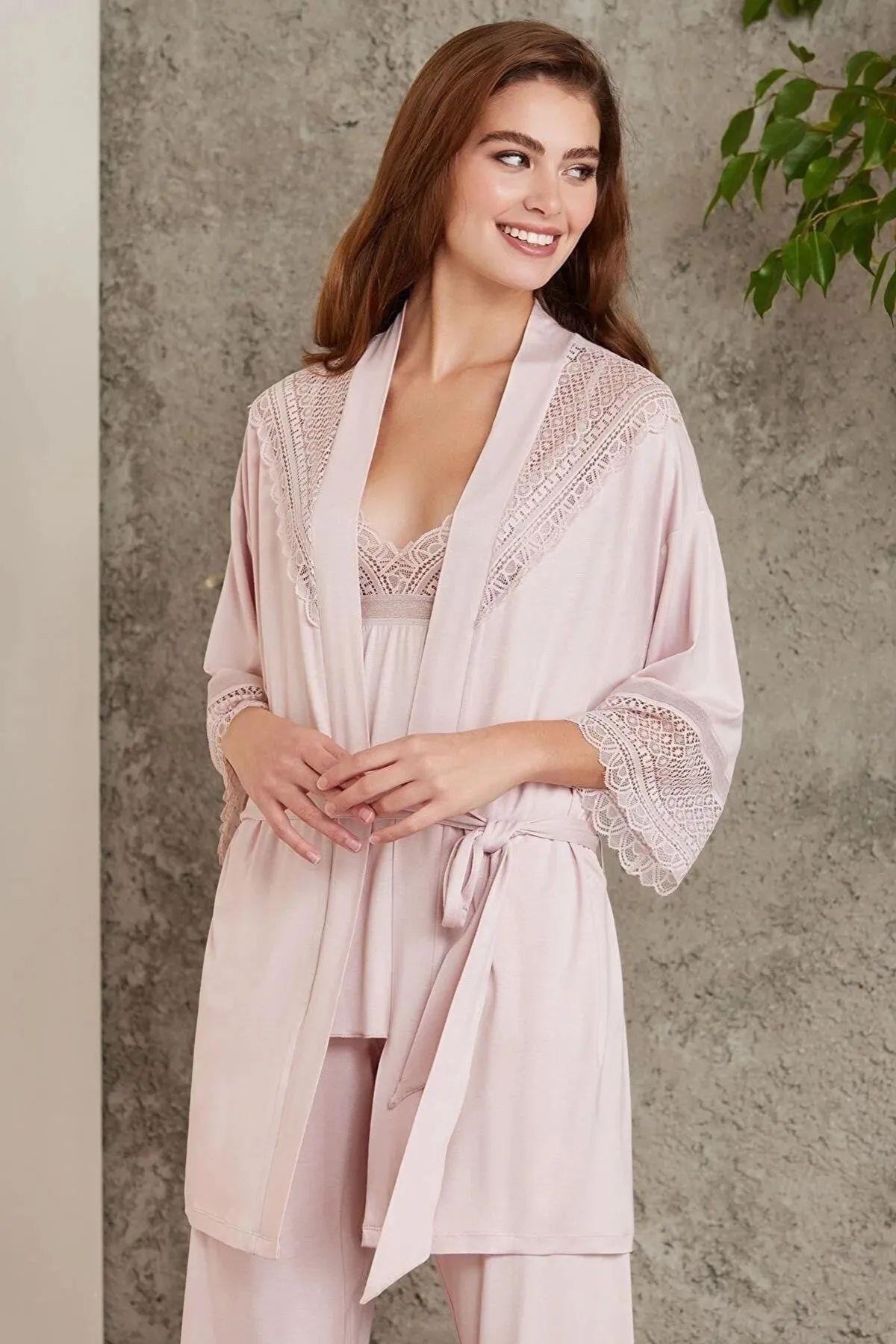 Pierre Cardin 2820 Kadın Penye Dantelli Sabahlıklı Pijama Takım-Pudra