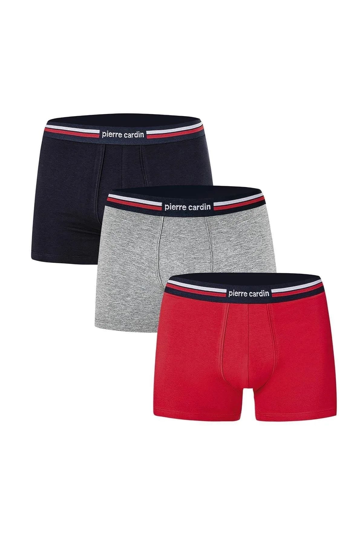 Pierre Cardin 395 Erkek Lastiği Çizgili 3lü Boxer-Kırmızı&Grimelanj&Lacivert