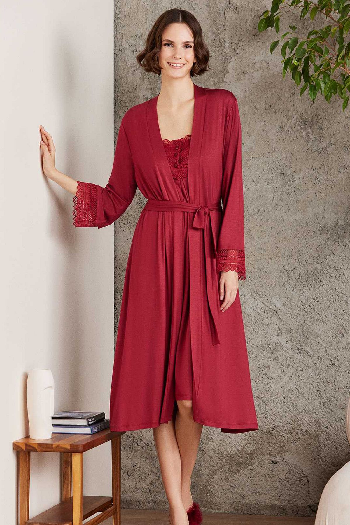 Pierre Cardin 4005 Hamile Lohusa Sabahlıklı Gecelik Takım-Bordo