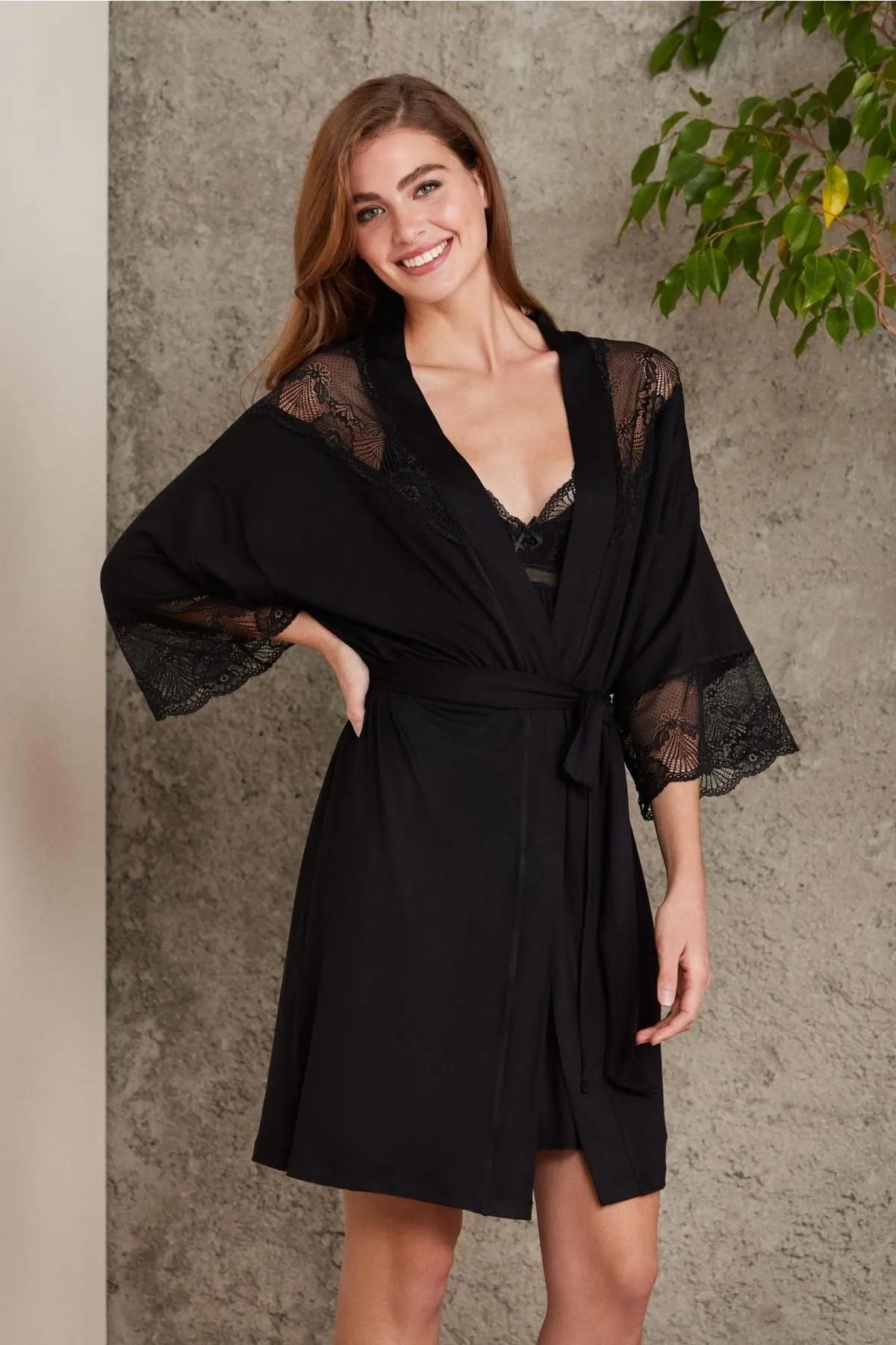 Pierre Cardin 4010 Kadın Dantelli Penye Gecelik Sabahlık Takım-Siyah