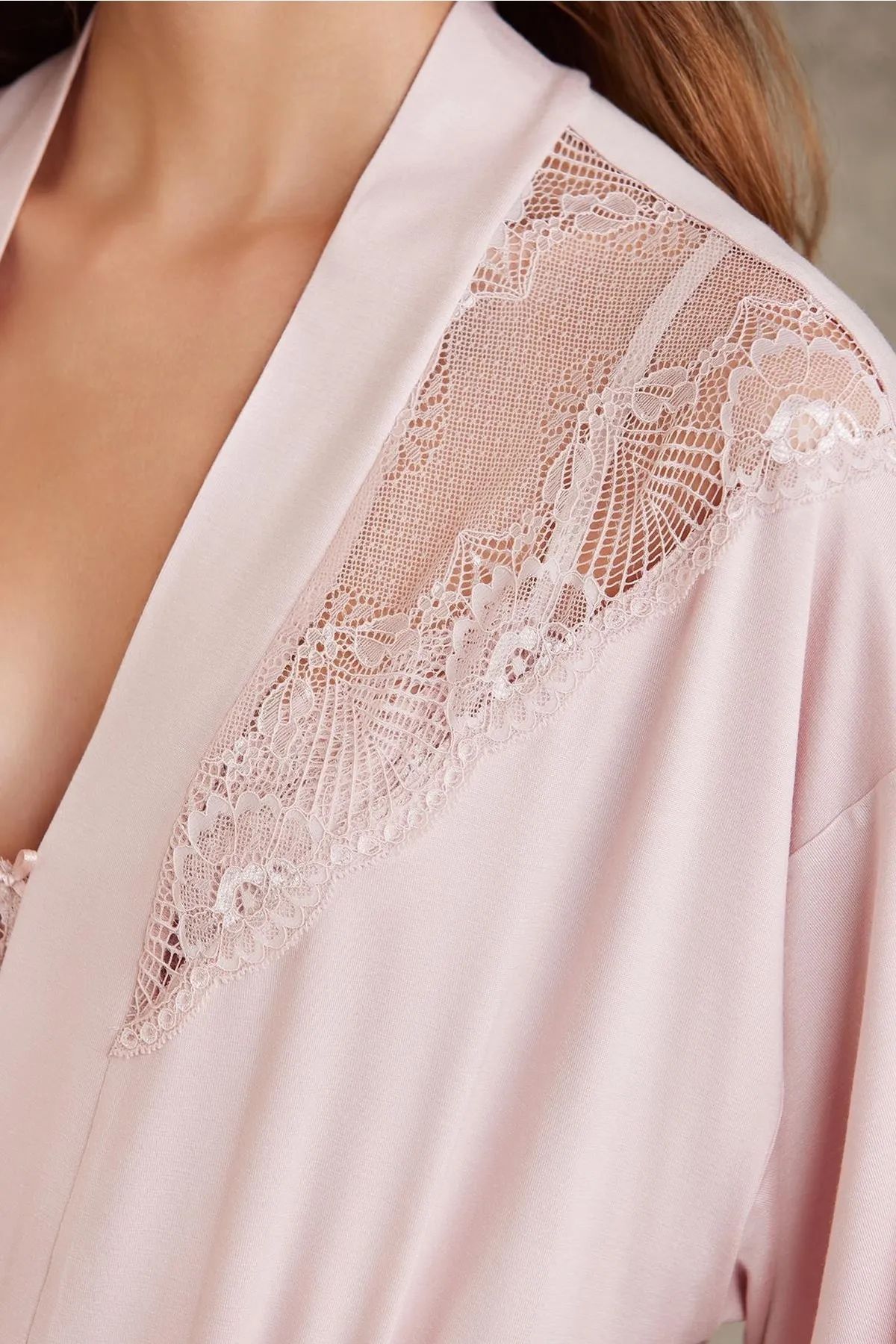 Pierre Cardin 4010 Kadın Dantelli Penye Gecelik Sabahlık Takım-Pudra