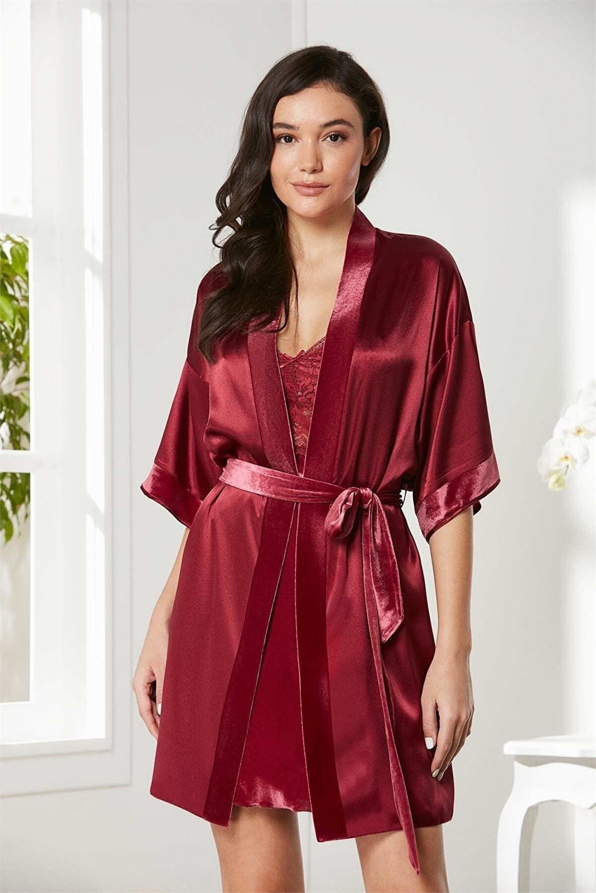 Pierre Cardin 4045 Kadın Saten Kadife Gecelik Sabahlık Takım-Bordo