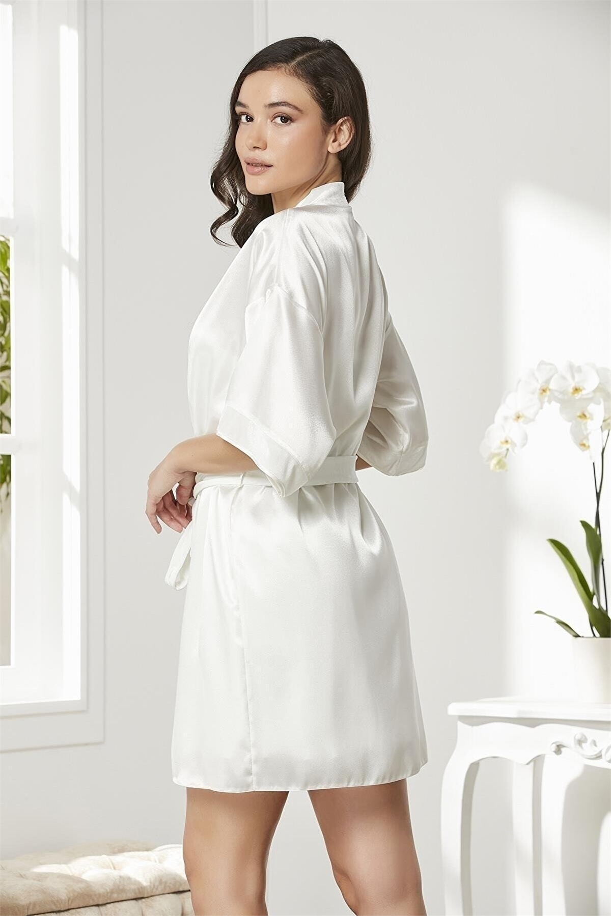Pierre Cardin 4045 Kadın Saten Kadife Gecelik Sabahlık Takım-Ekru