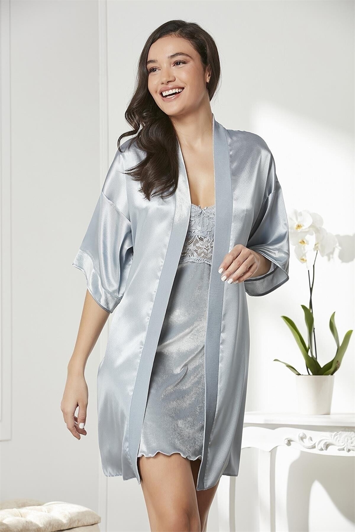 Pierre Cardin 4045 Kadın Saten Kadife Gecelik Sabahlık Takım-Mist