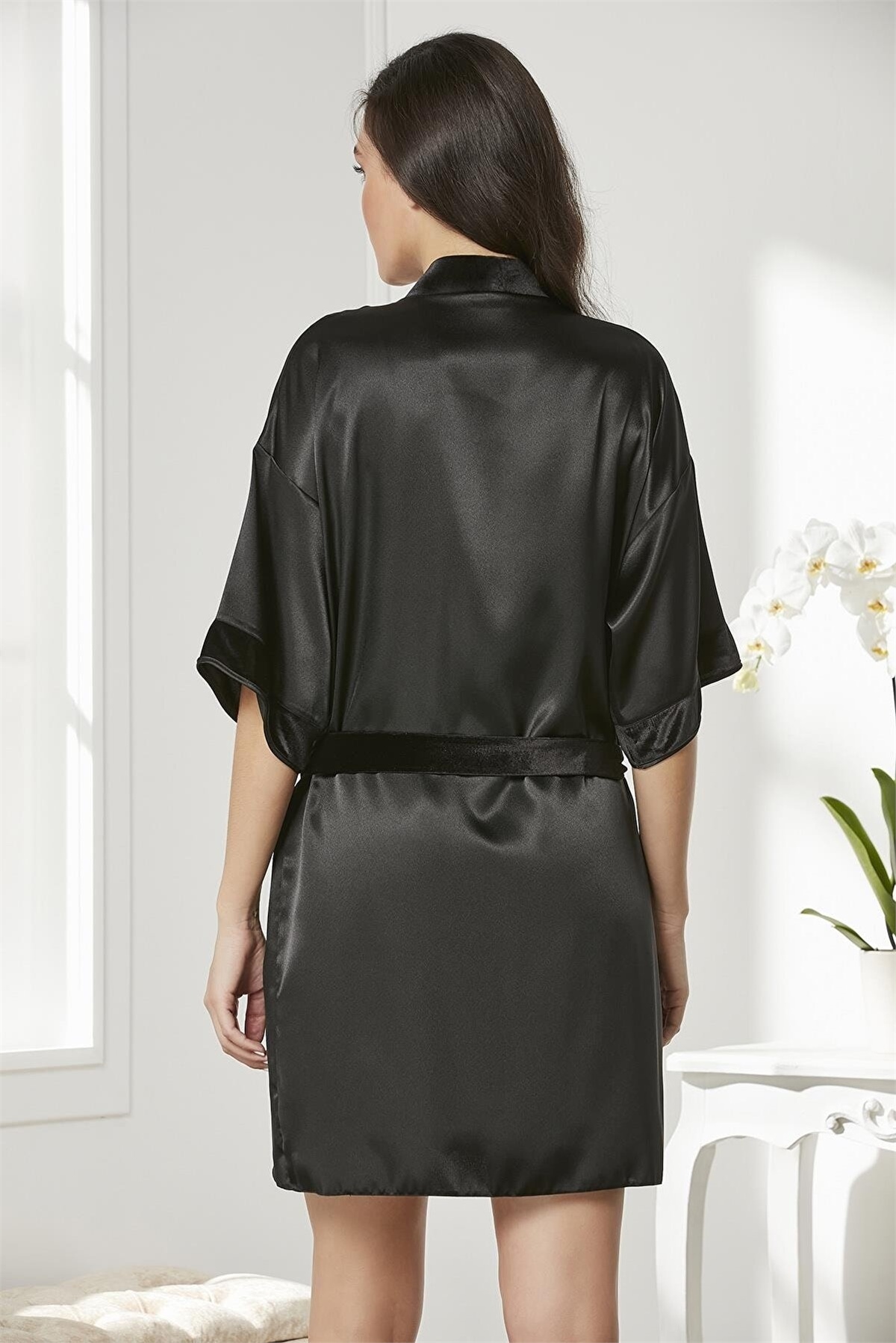 Pierre Cardin 4045 Kadın Saten Kadife Gecelik Sabahlık Takım-Siyah