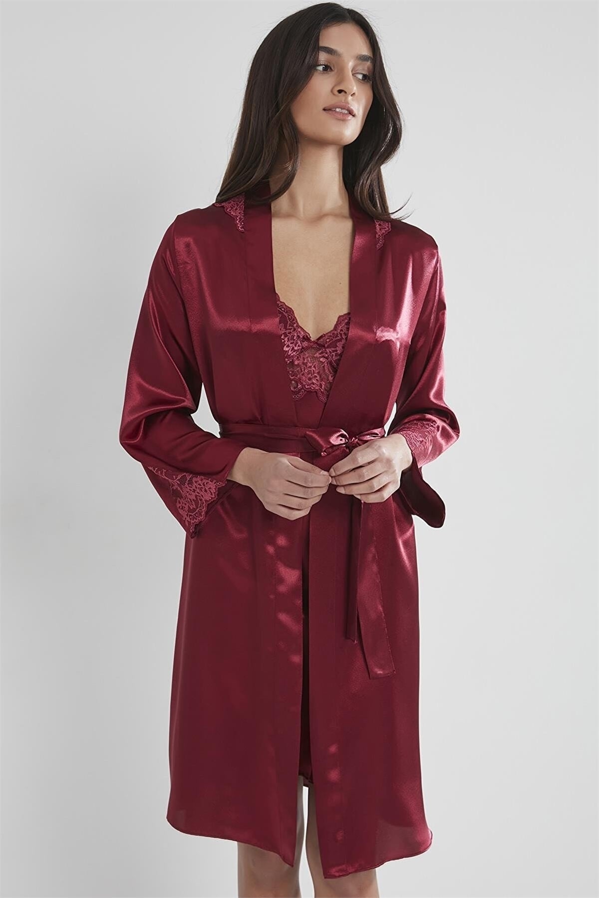 Pierre Cardin 4050 Saten Gecelik Sabahlık Takım - Bordo