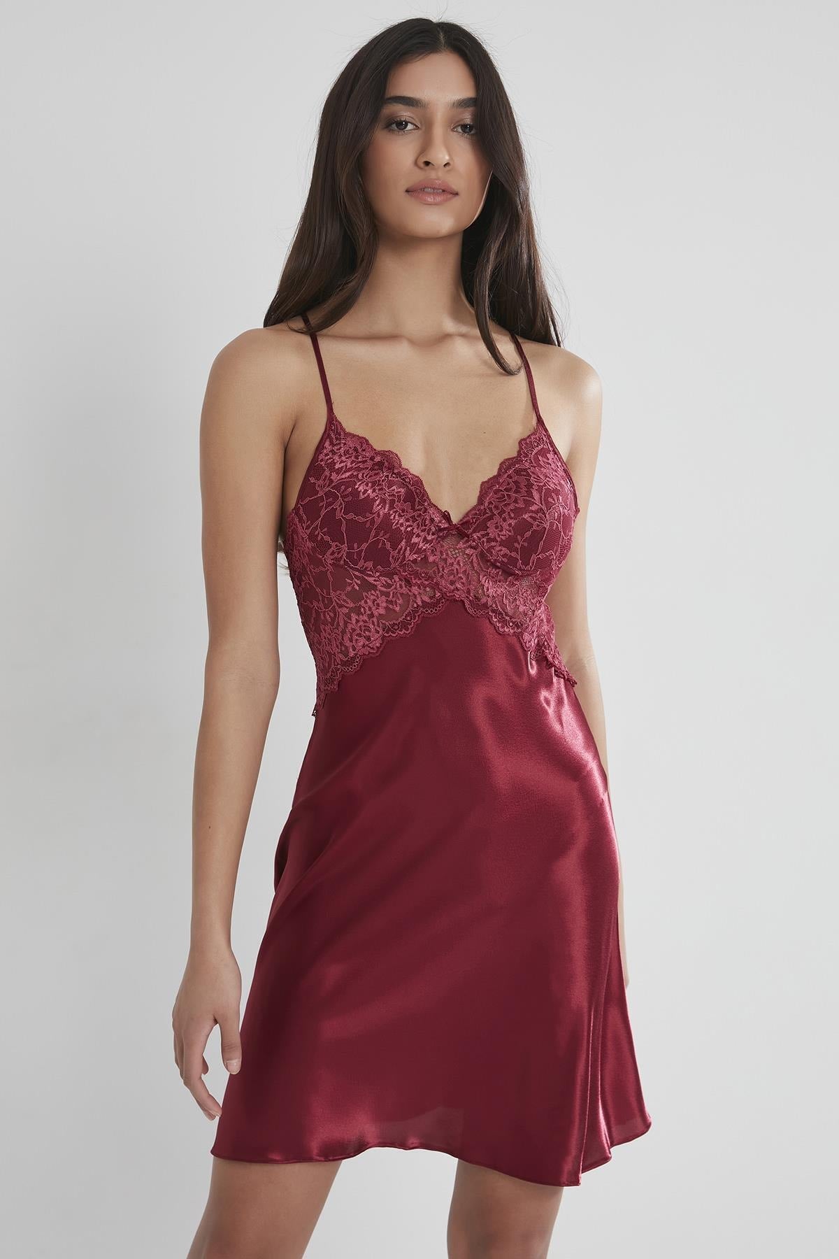 Pierre Cardin 4050 Saten Gecelik Sabahlık Takım - Bordo