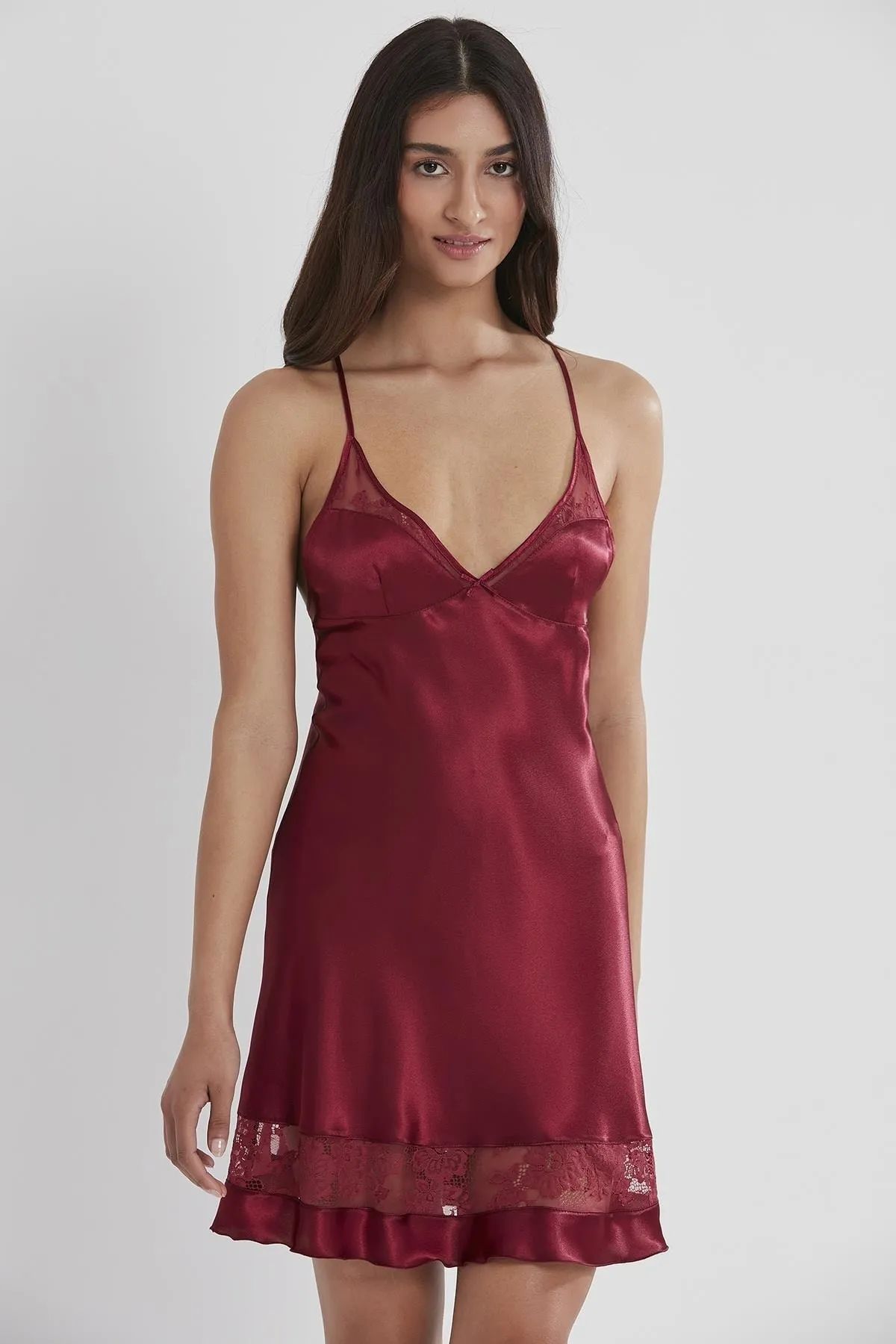 Pierre Cardin 4065 Kadın Saten Dantelli Gecelik Sabahlık Takım-Bordo