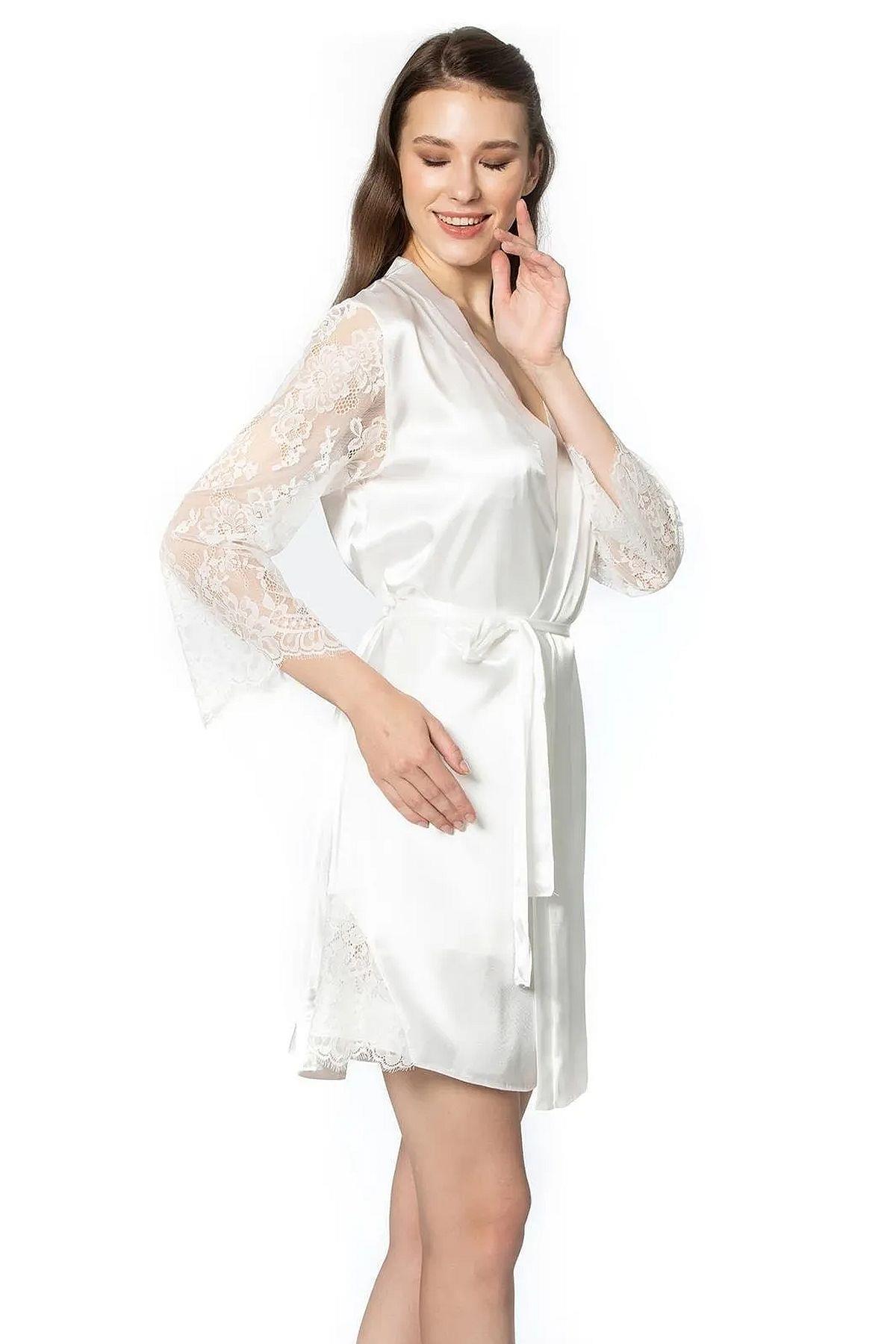 Pierre Cardin 4065 Kadın Saten Dantelli Gecelik Sabahlık Takım-Ekru