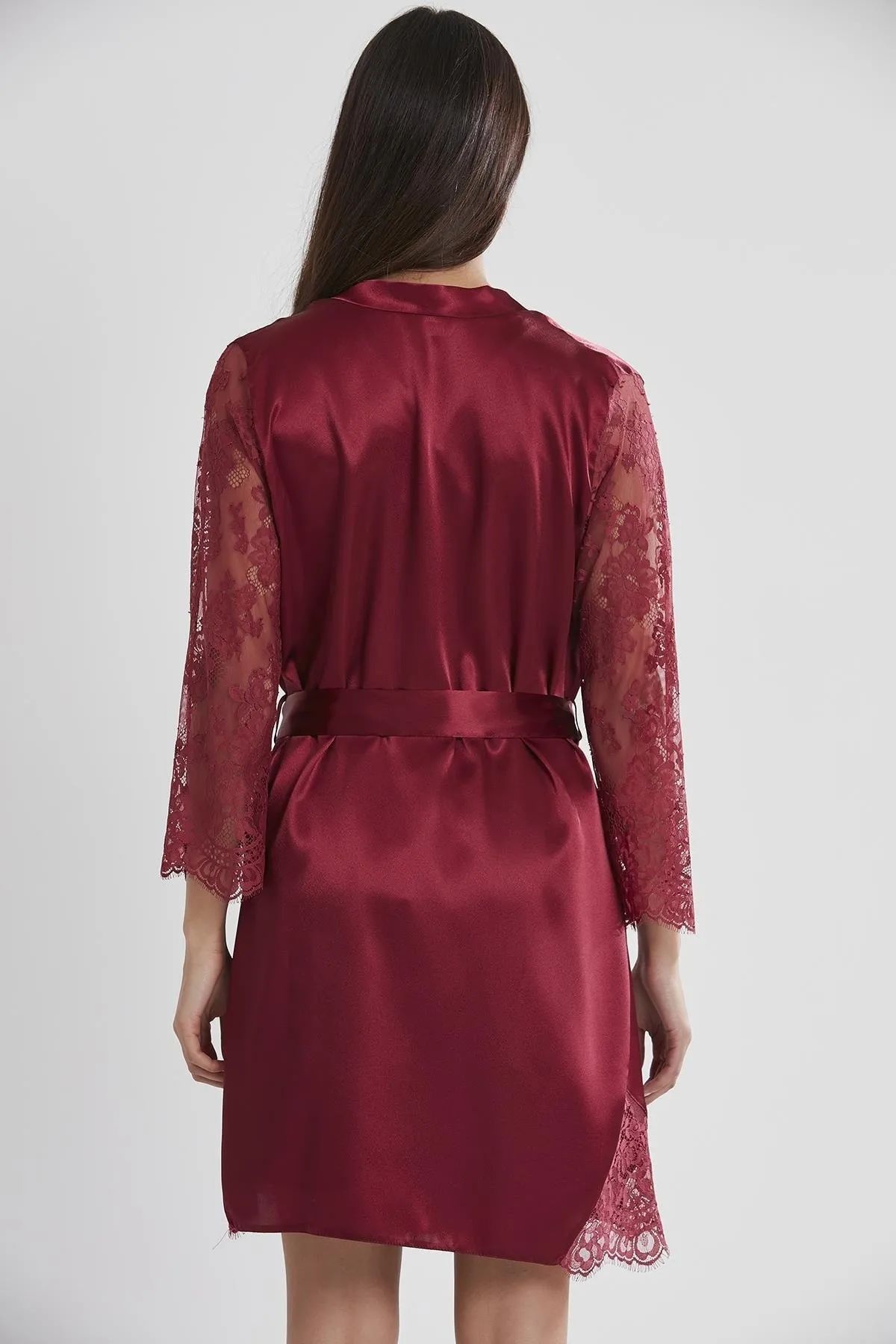 Pierre Cardin 4065 Kadın Saten Dantelli Gecelik Sabahlık Takım-Bordo