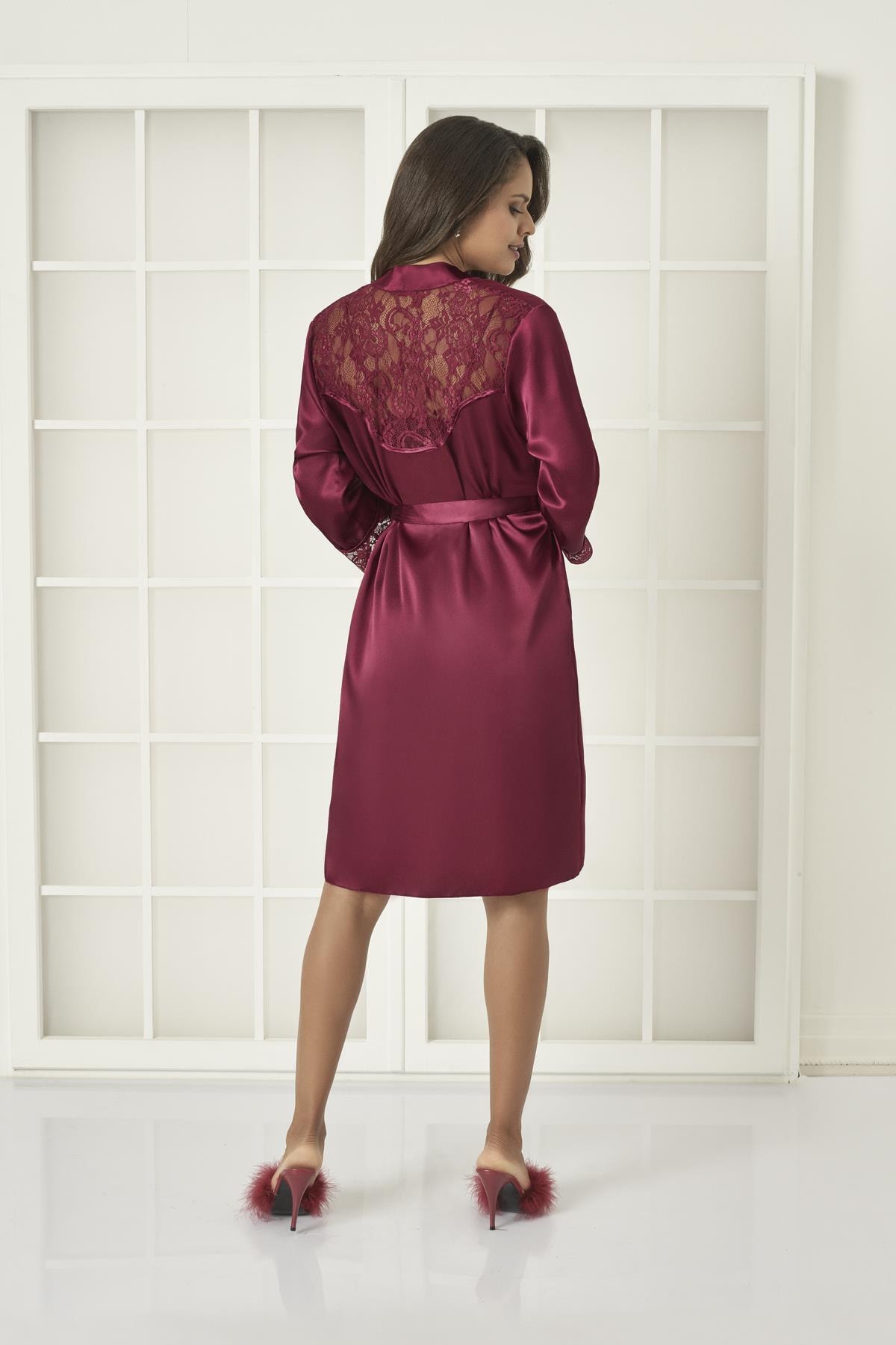 Pierre Cardin 4075 Saten Gecelik Sabahlık Takım - Bordo