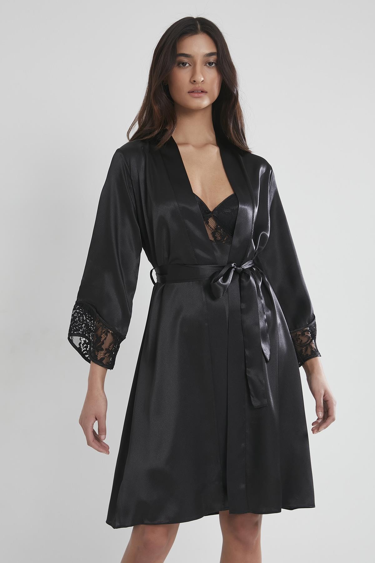 Pierre Cardin 4075 Saten Gecelik Sabahlık Takım - Siyah