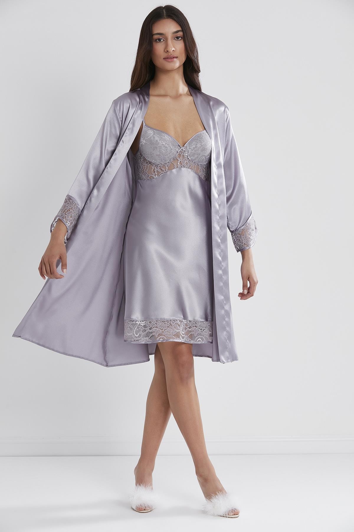Pierre Cardin 4075 Saten Sabahlıklı Gecelik Takım - Royal