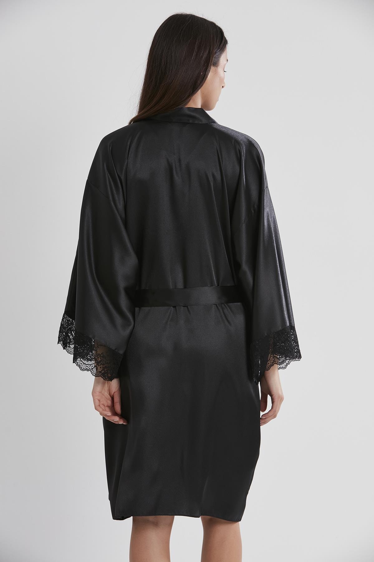 Pierre Cardin 4250 Kadın Saten Dantelli Gecelik&Sabahlık Takım - Siyah