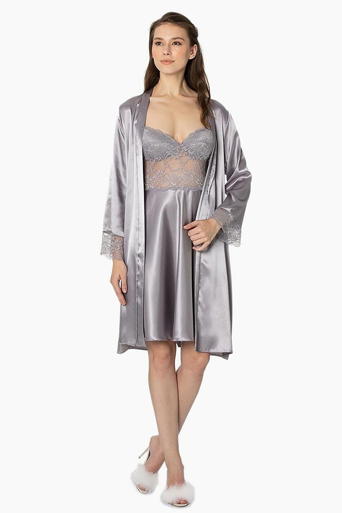 Pierre Cardin 4265 Kadın Saten Gecelik Sabahlık Takım-Royal