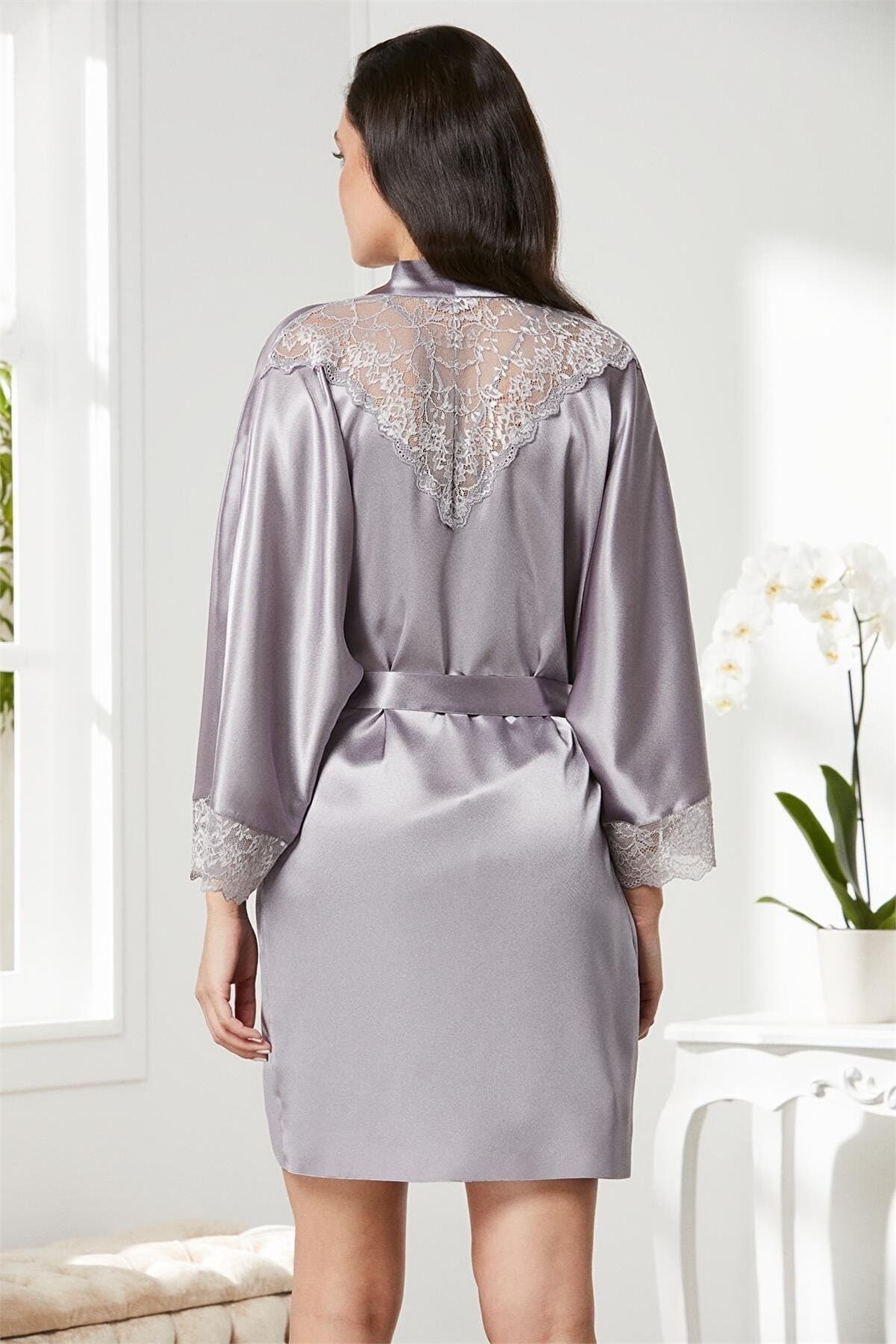 Pierre Cardin 4280 Kadın Saten Dantelli Gecelik Sabahlık Takım-Royal