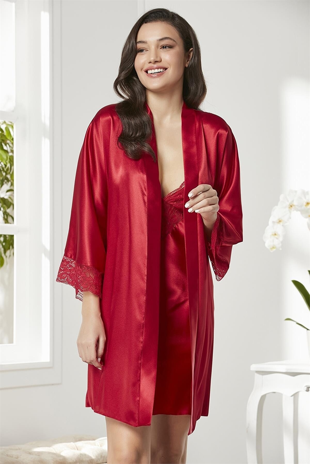 Pierre Cardin 4280 Kadın Saten Dantelli Gecelik Sabahlık Takım-Bordo