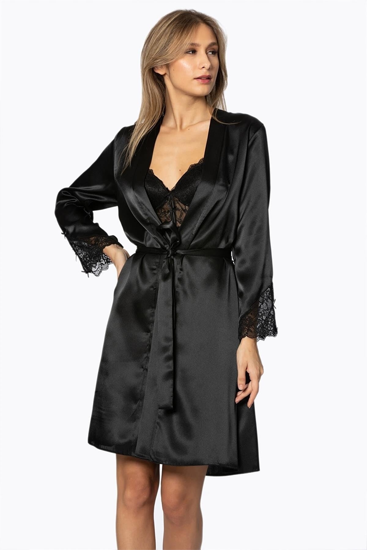 Pierre Cardin 4300 Kadın Saten Gecelik Sabahlık Takım-Siyah