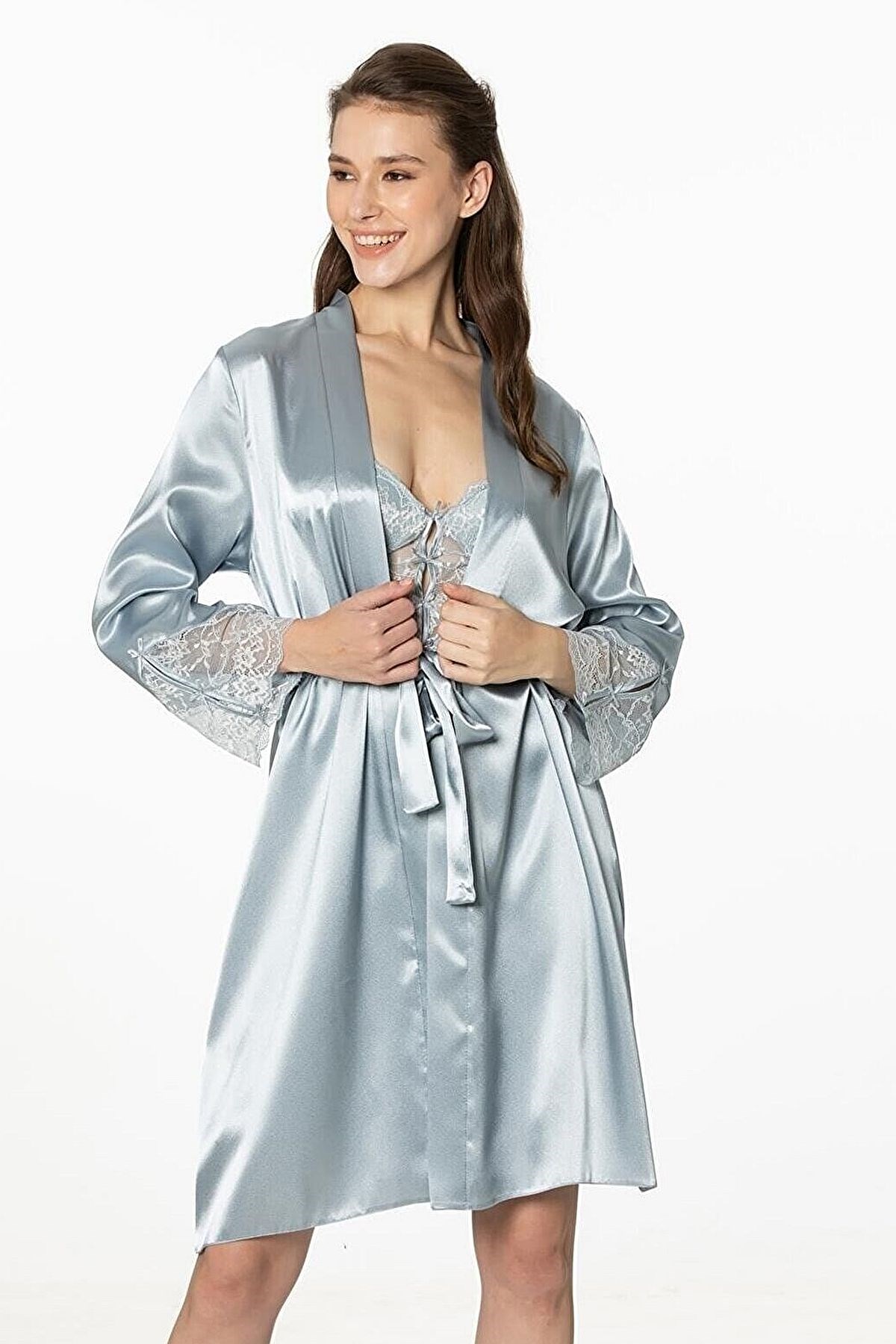 Pierre Cardin 4300 Kadın Saten Gecelik Sabahlık Takım-Mist