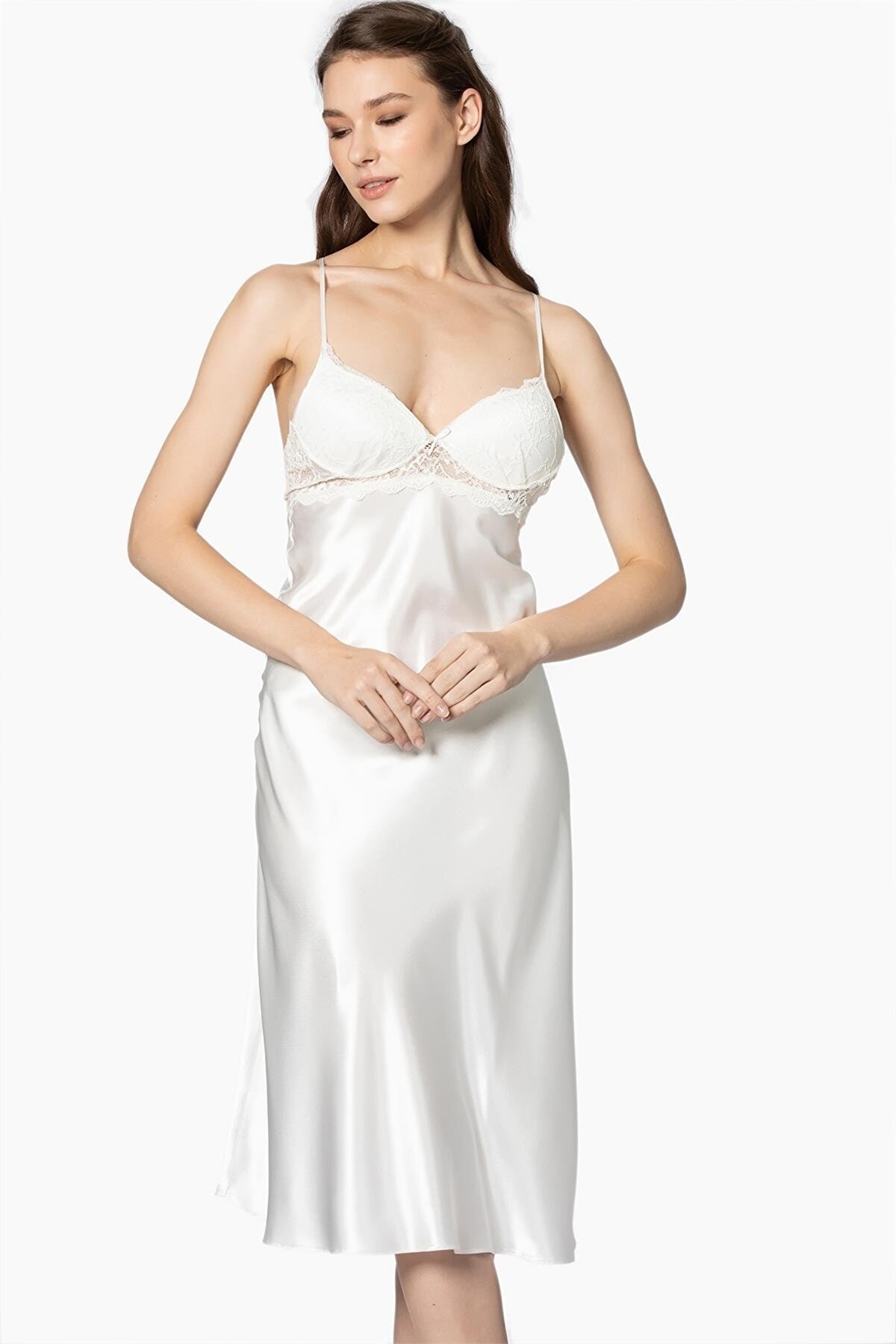 Pierre Cardin 4370 Kadın Saten Gecelik Sabahlık Takım-Ekru