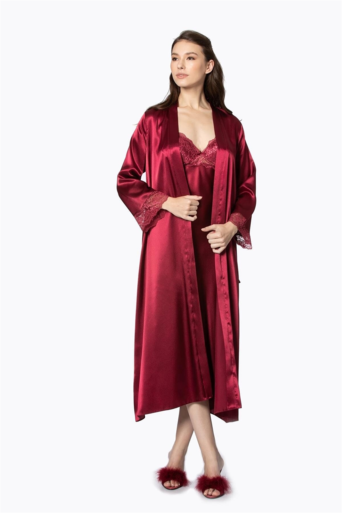 Pierre Cardin 4370 Kadın Saten Gecelik Sabahlık Takım-Bordo