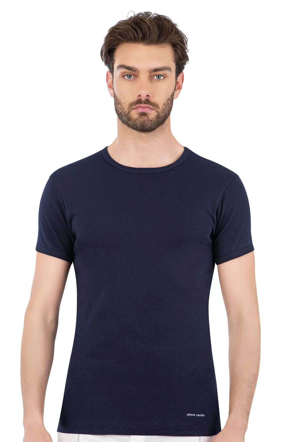 Pierre Cardin 440 Erkek %100 Pamuk Ribana Bisiklet Yaka Yarım Kol Fanila-Lacivert