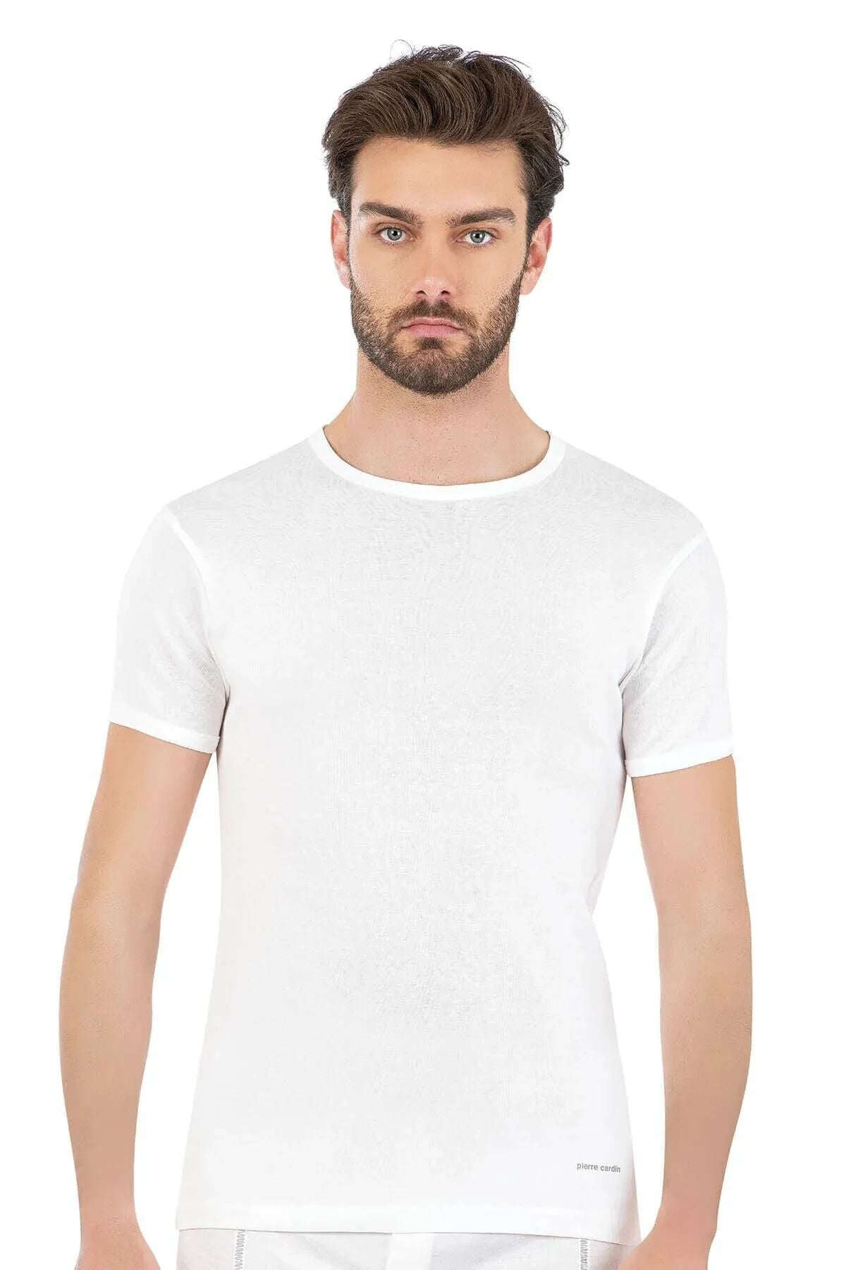 Pierre Cardin 440 Erkek %100 Pamuk Ribana Bisiklet Yaka Yarım Kol Fanila-Beyaz