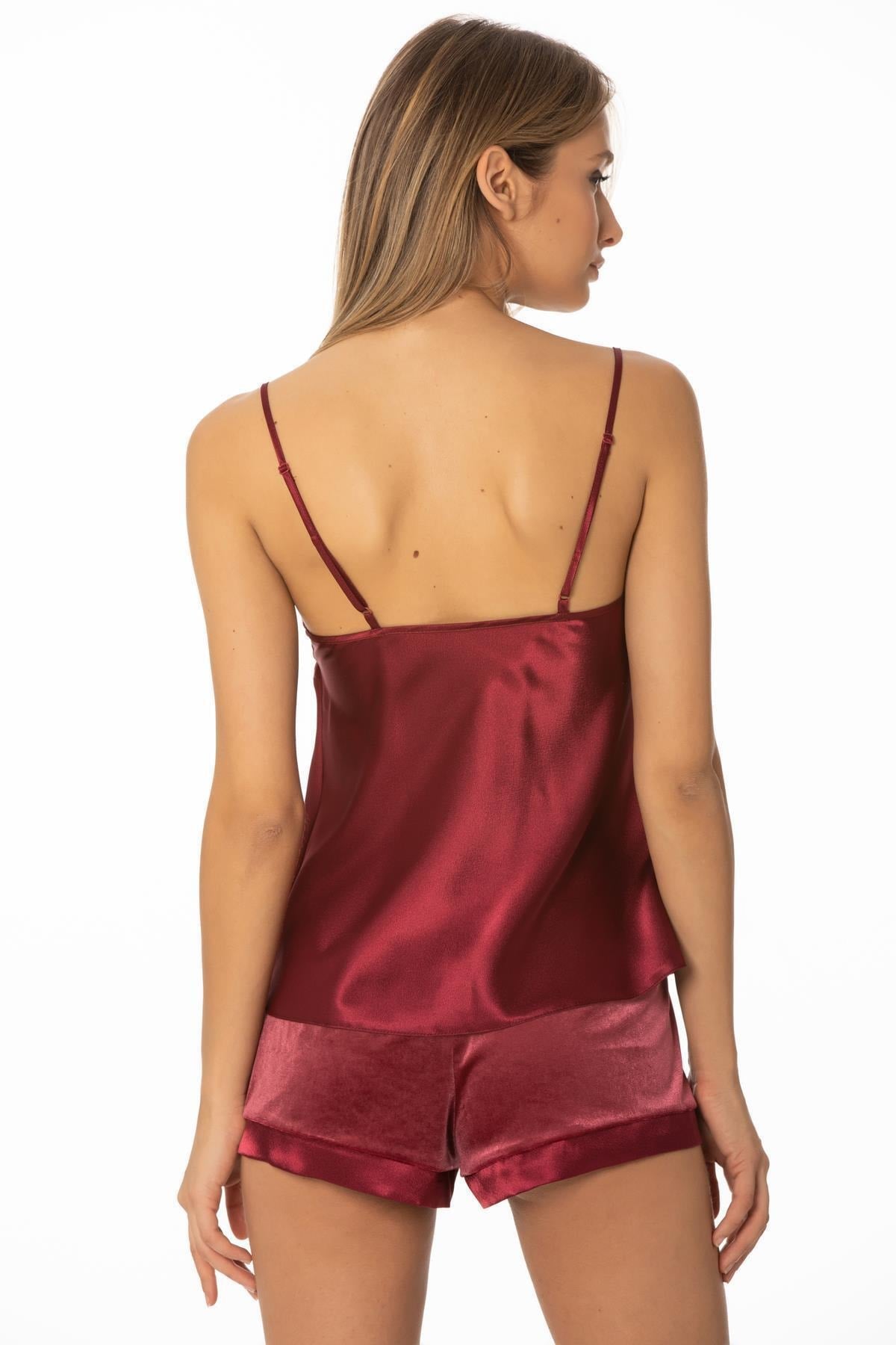 Pierre Cardin 440 Kadın Kadife Saten Pijama Şort Takım - Bordo