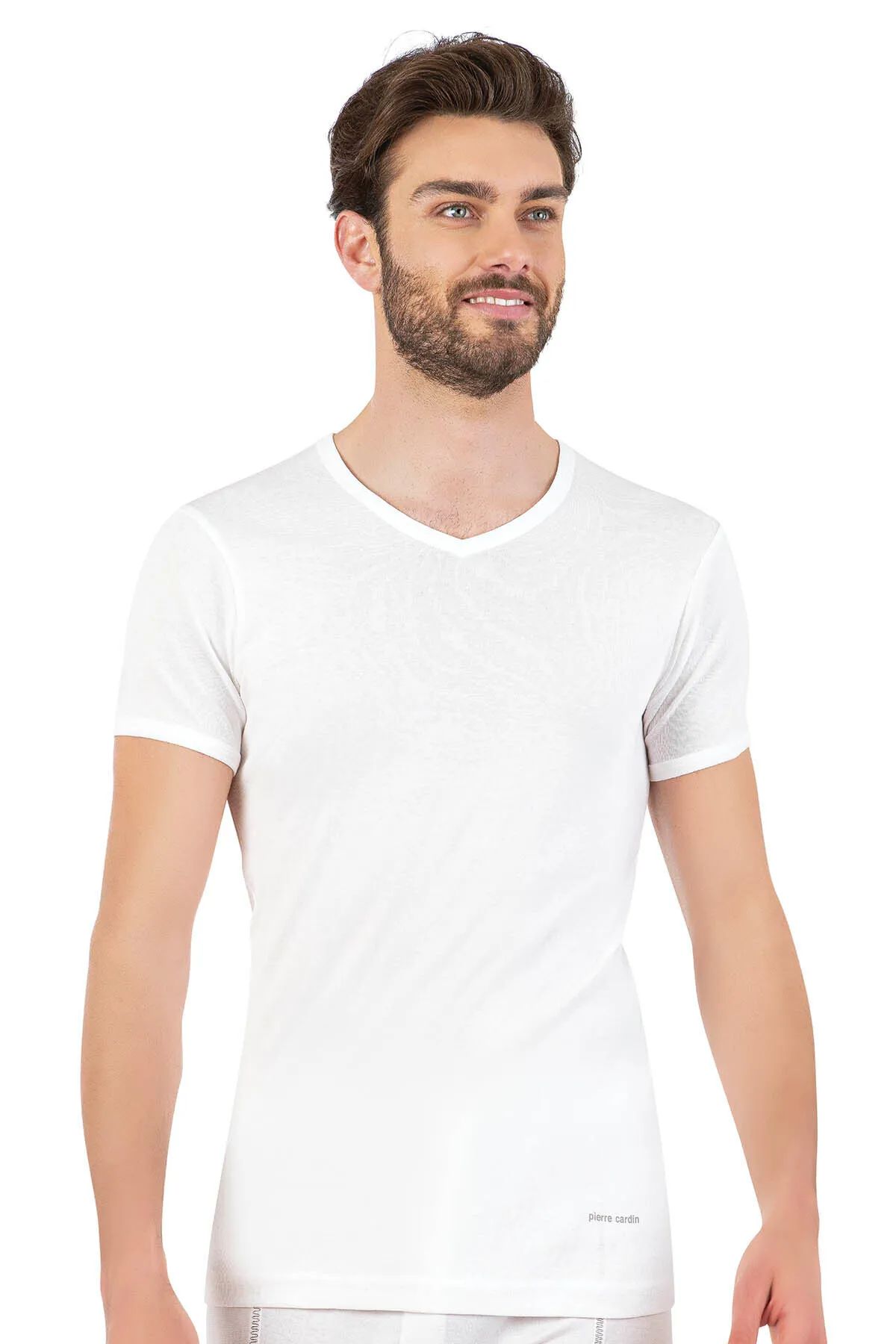 Pierre Cardin 442 Erkek %100 Pamuk Ribana V Yaka Yarım Kol Fanila-Beyaz