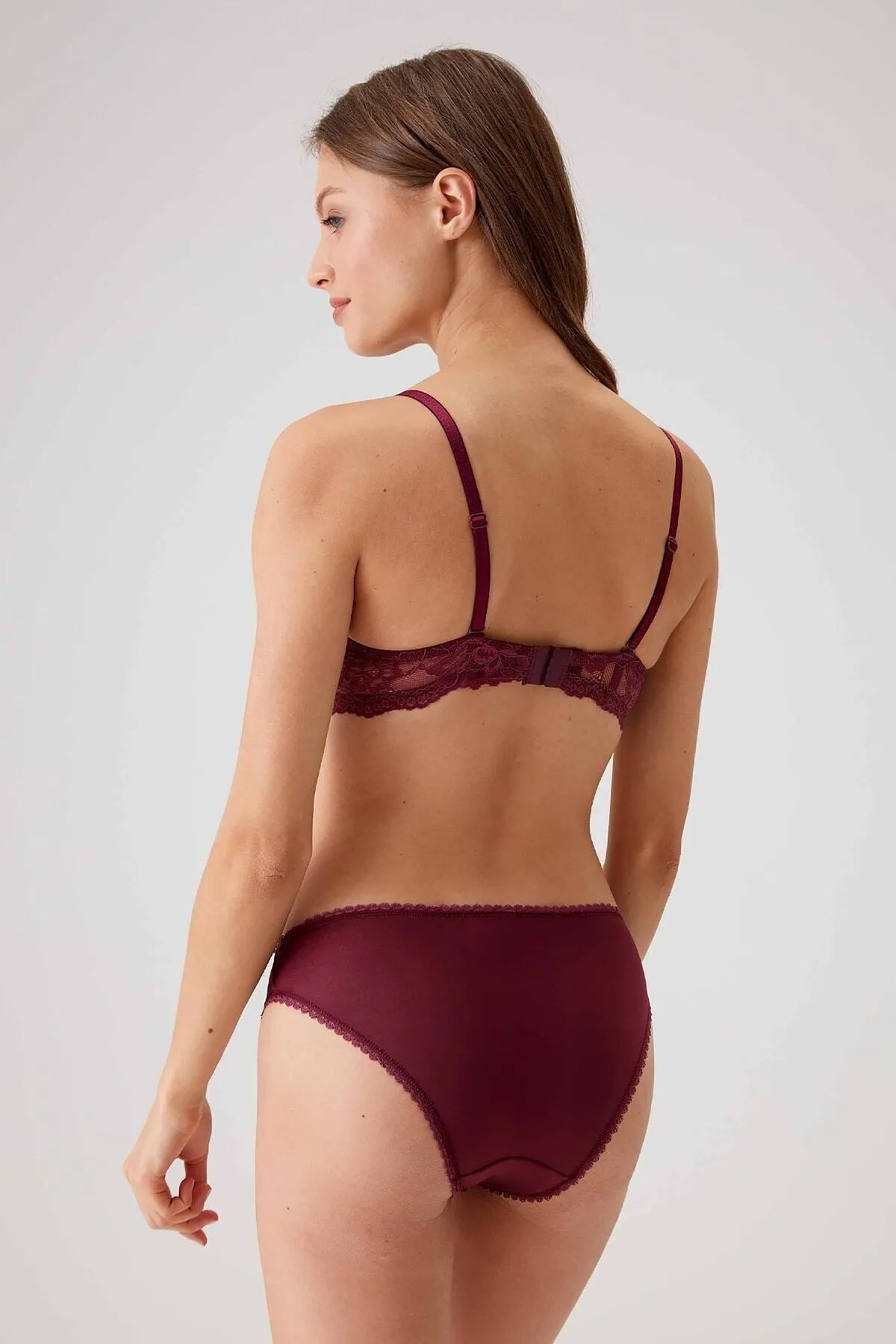 Pierre Cardin 4561 Milan Push Up Dolgulu Dantelli Çeyiz Sütyen Ve Külot Iç Çamaşır Takımı-Mürdüm