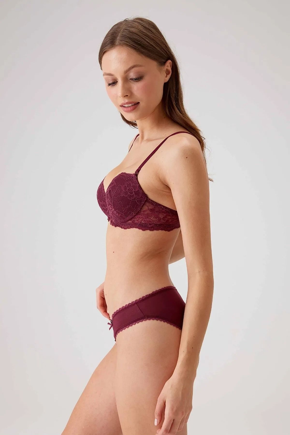 Pierre Cardin 4561 Milan Push Up Dolgulu Dantelli Çeyiz Sütyen Ve Külot Iç Çamaşır Takımı-Mürdüm