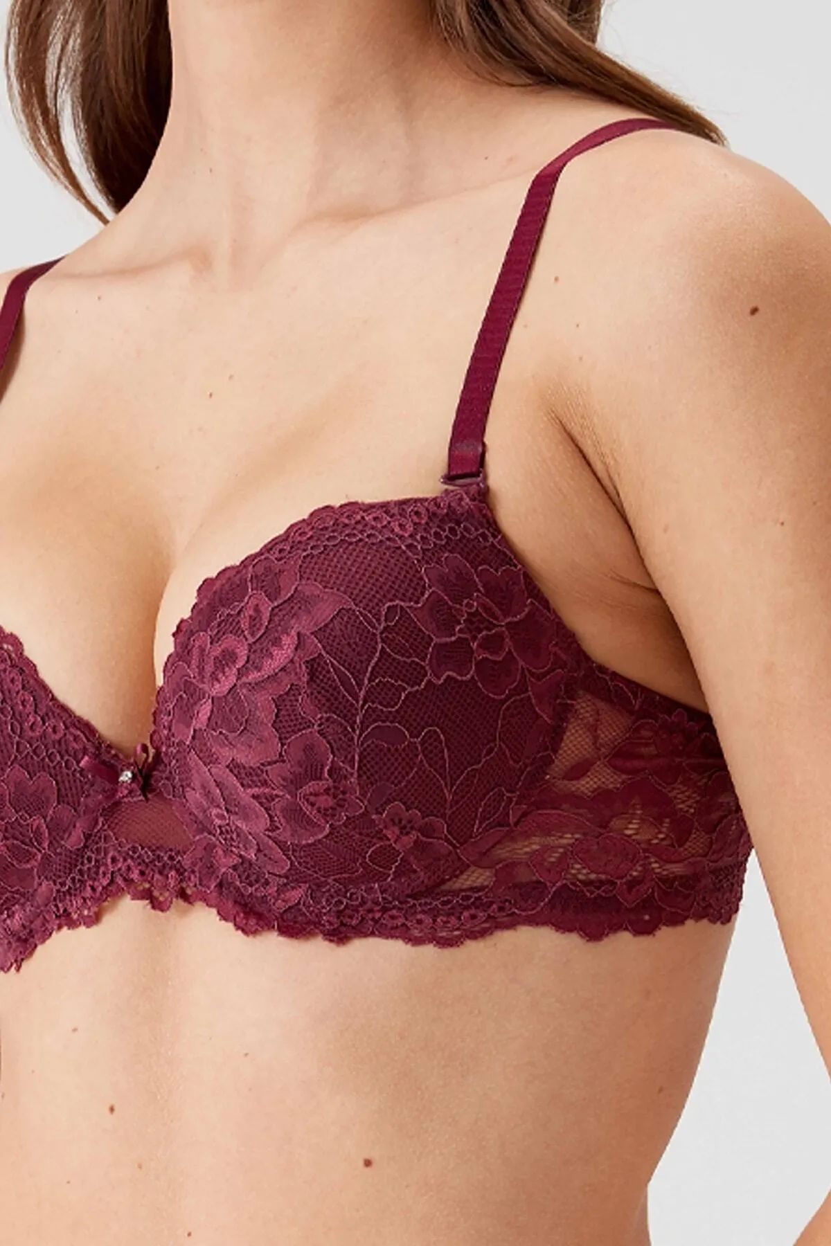 Pierre Cardin 4561 Milan Push Up Dolgulu Dantelli Çeyiz Sütyen Ve Külot Iç Çamaşır Takımı-Mürdüm
