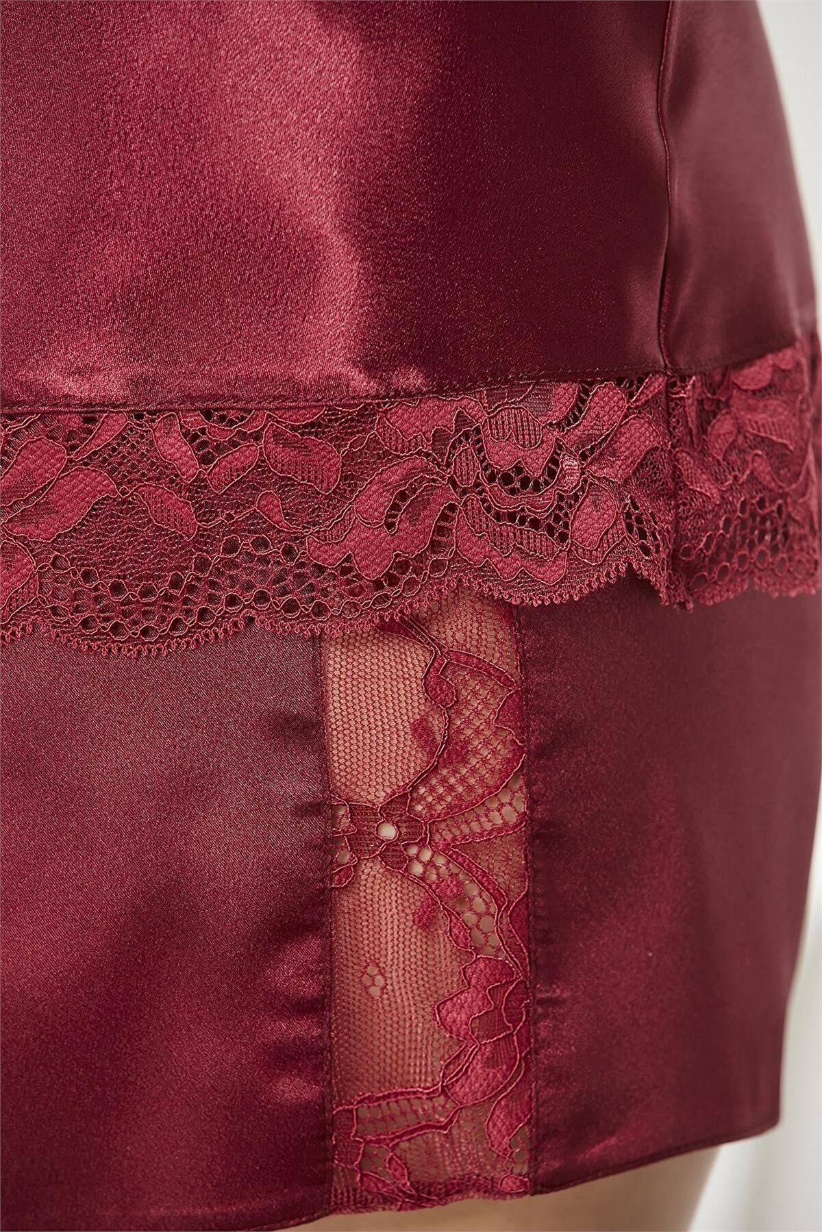 Pierre Cardin 460 Kadın İp Askılı Saten Dantelli Şort Takım-Bordo