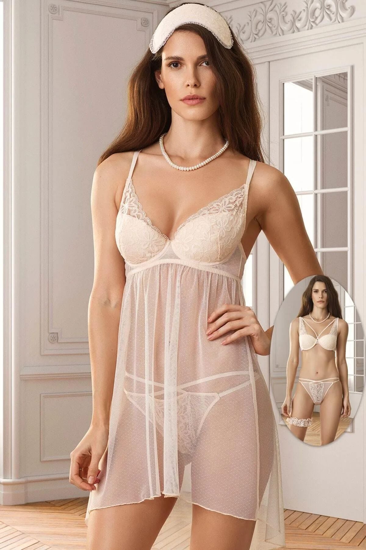 Pierre Cardin 4760 Kadın 5li Balenli Dolgusuz Dantel Tül Detaylı Bride Çeyiz Seti -İnci