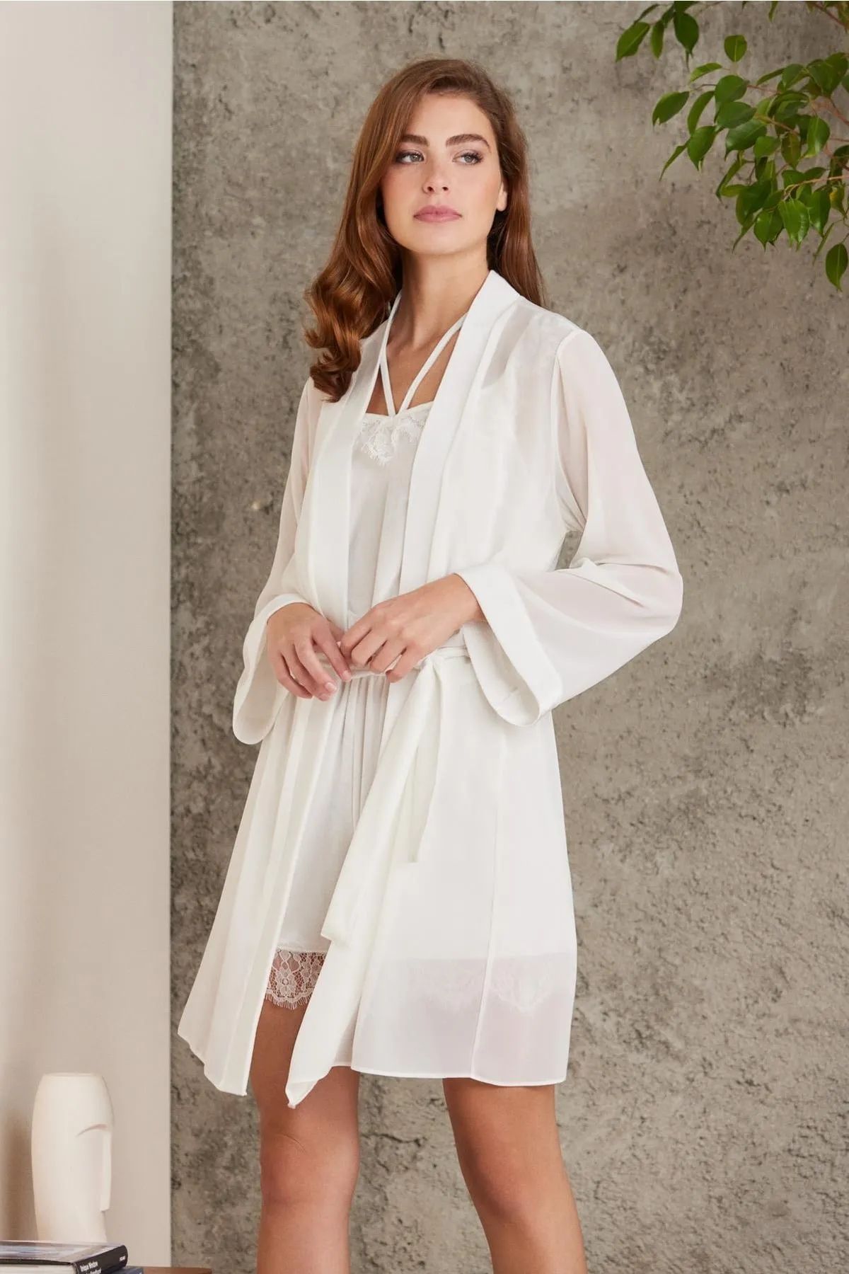 Pierre Cardin 4800 Kadın Dantelli Kadife Tulum Sabahlık Takım-Ekru