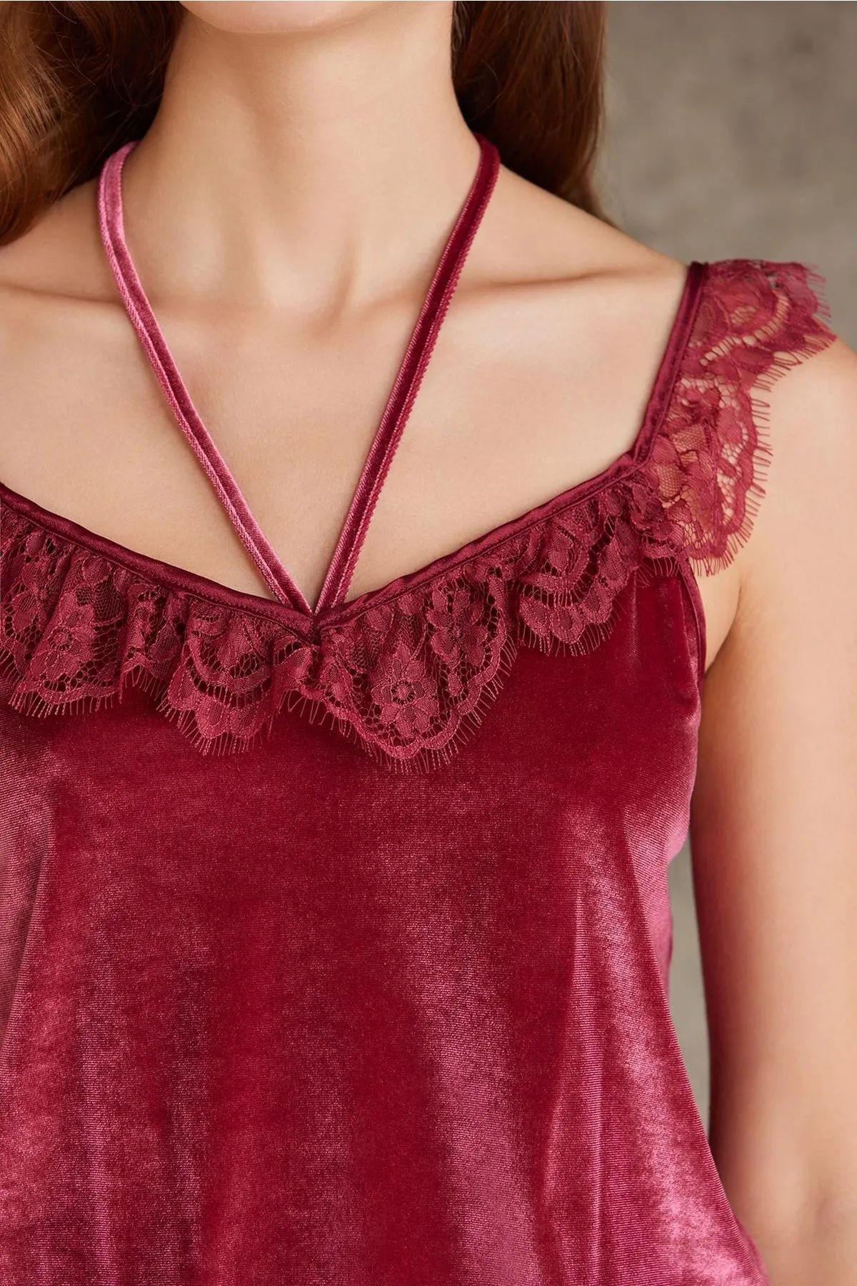 Pierre Cardin 4800 Kadın Dantelli Kadife Tulum Sabahlık Takım-Bordo