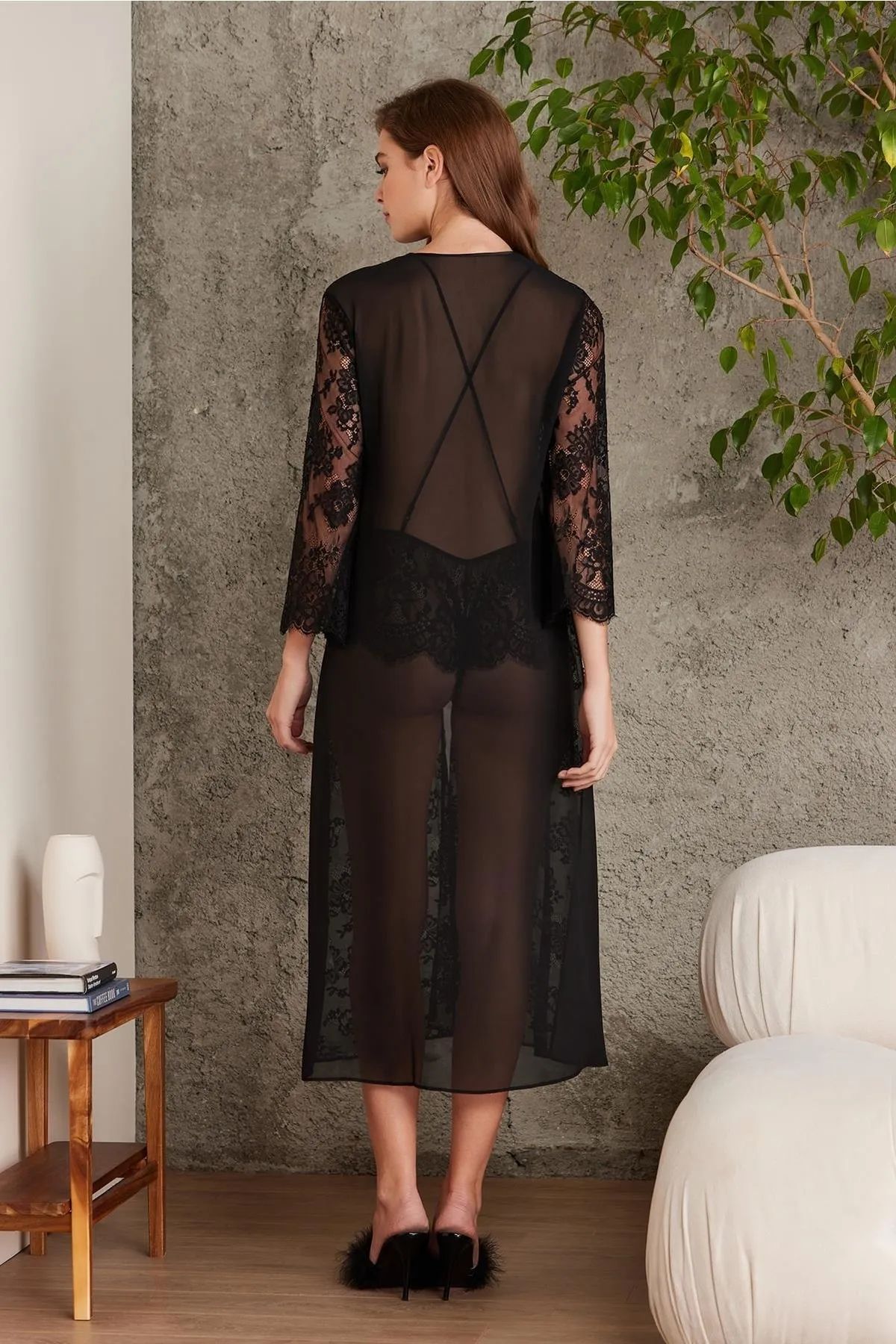 Pierre Cardin 4810 Kadın Şifon Dantel Sabahlıklı Tulum Set-Siyah