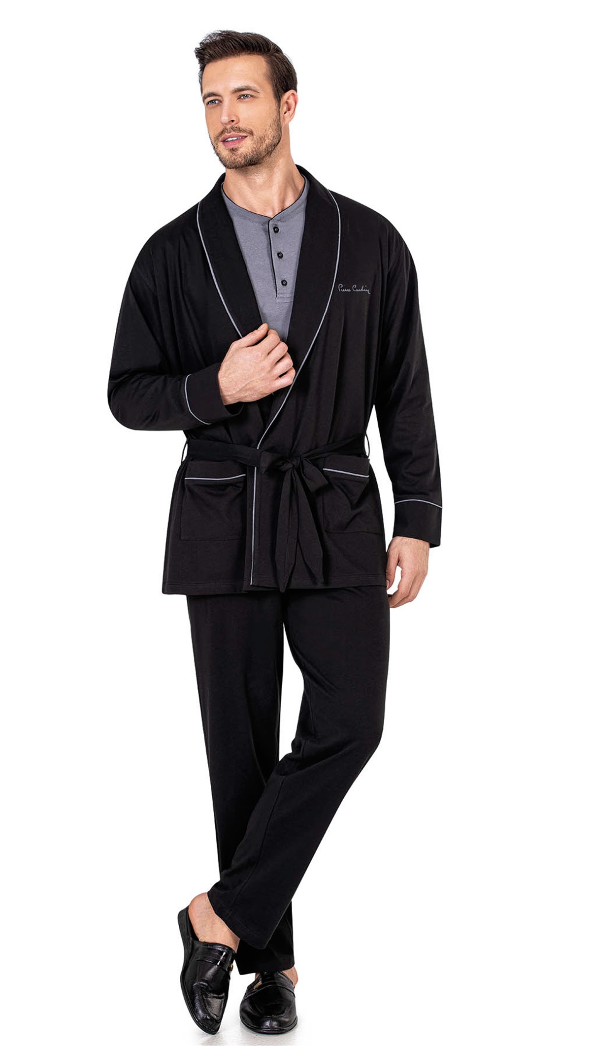 Pierre Cardin 5605 Erkek Çeyizlik 3lü Rob Pijama Takım-Siyah