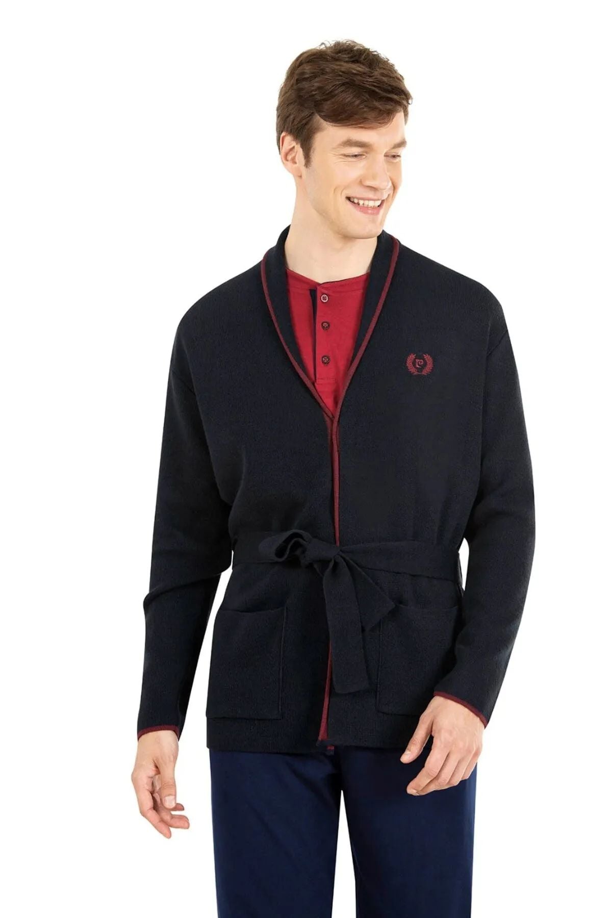 Pierre Cardin 5630 Erkek Triko Sabahlıklılı Uzun Kollu Pijama Takımı-Lacivert