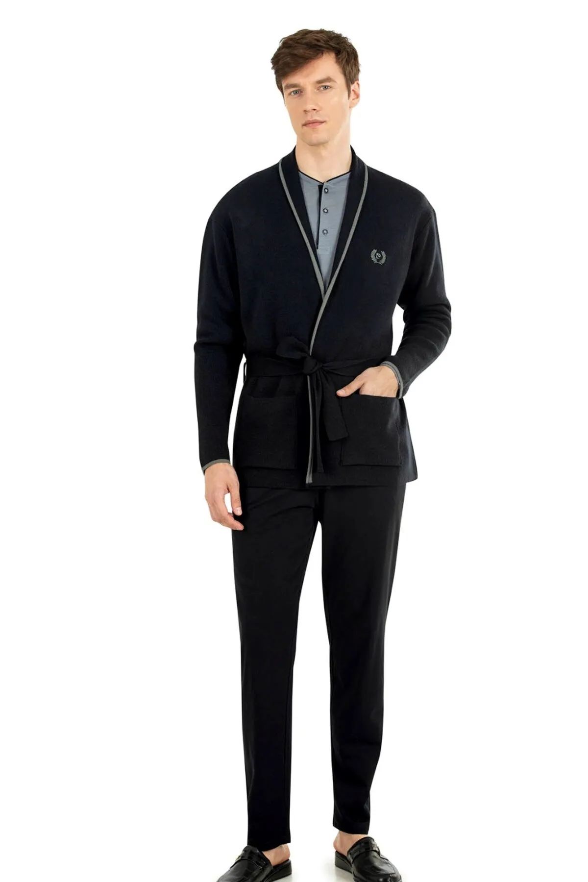 Pierre Cardin 5630 Erkek Triko Sabahlıklılı Uzun Kollu Pijama Takımı-Siyah
