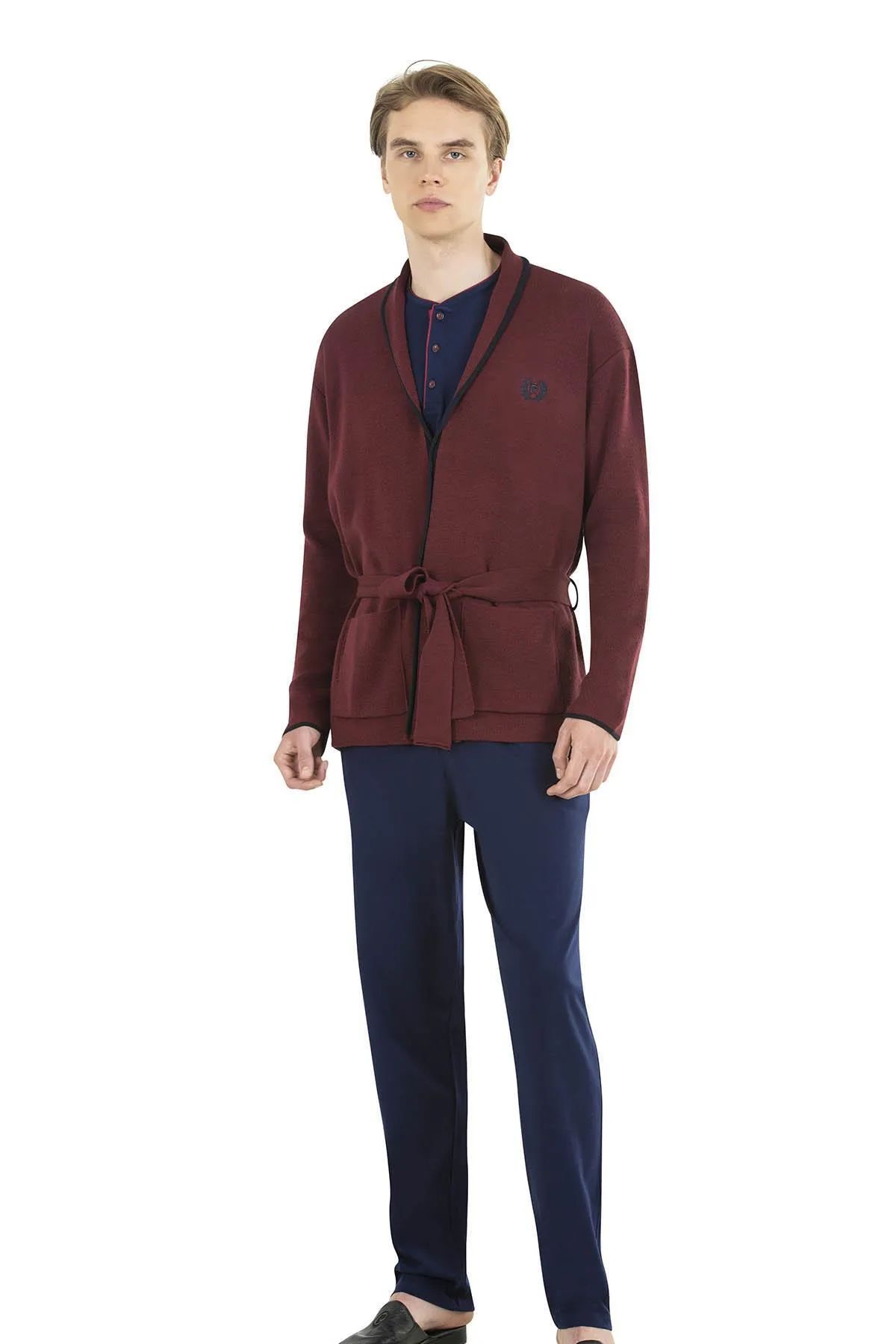 Pierre Cardin 5630 Erkek Triko Sabahlıklılı Uzun Kollu Pijama Takımı-Bordo