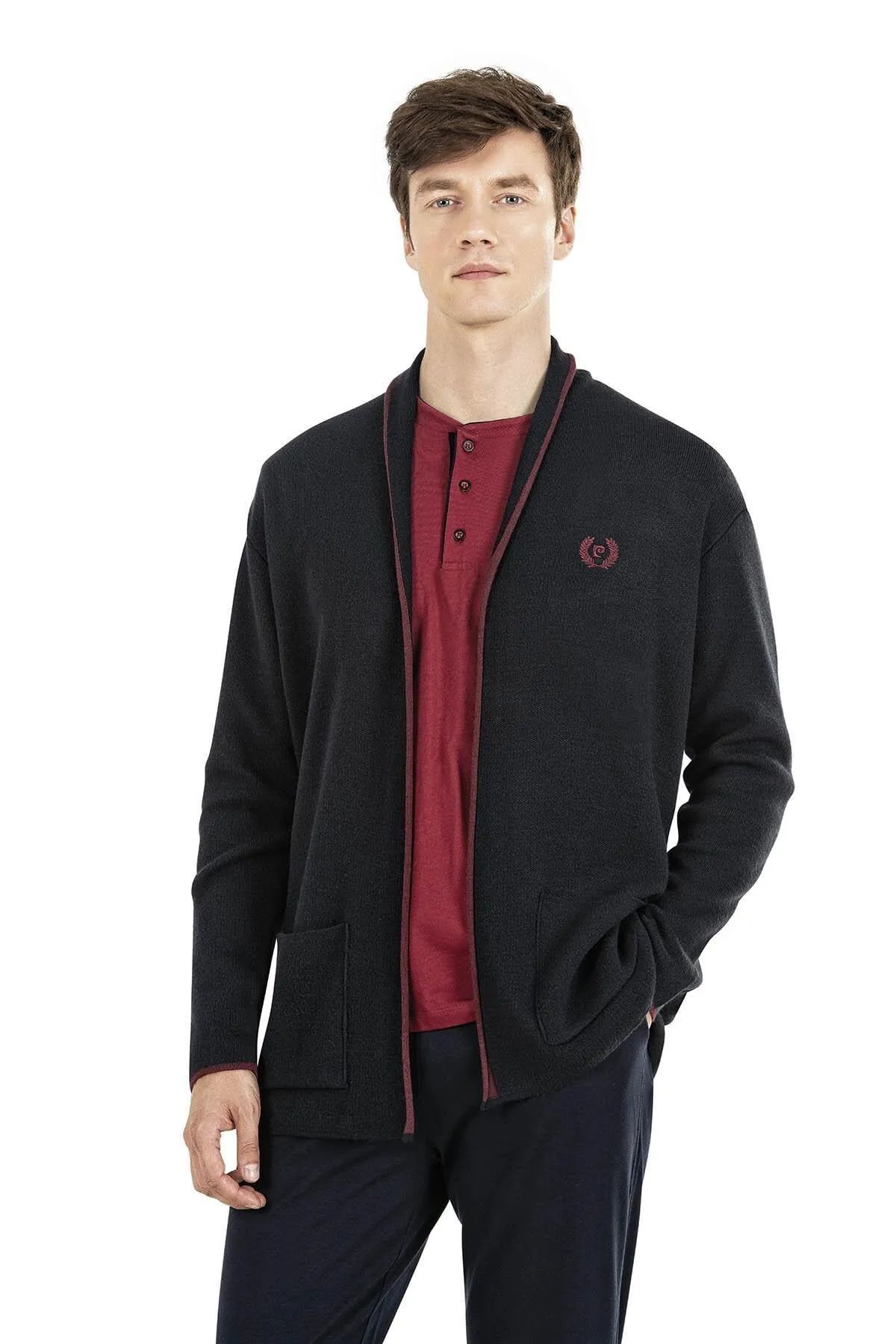 Pierre Cardin 5630 Erkek Triko Sabahlıklılı Uzun Kollu Pijama Takımı-Lacivert