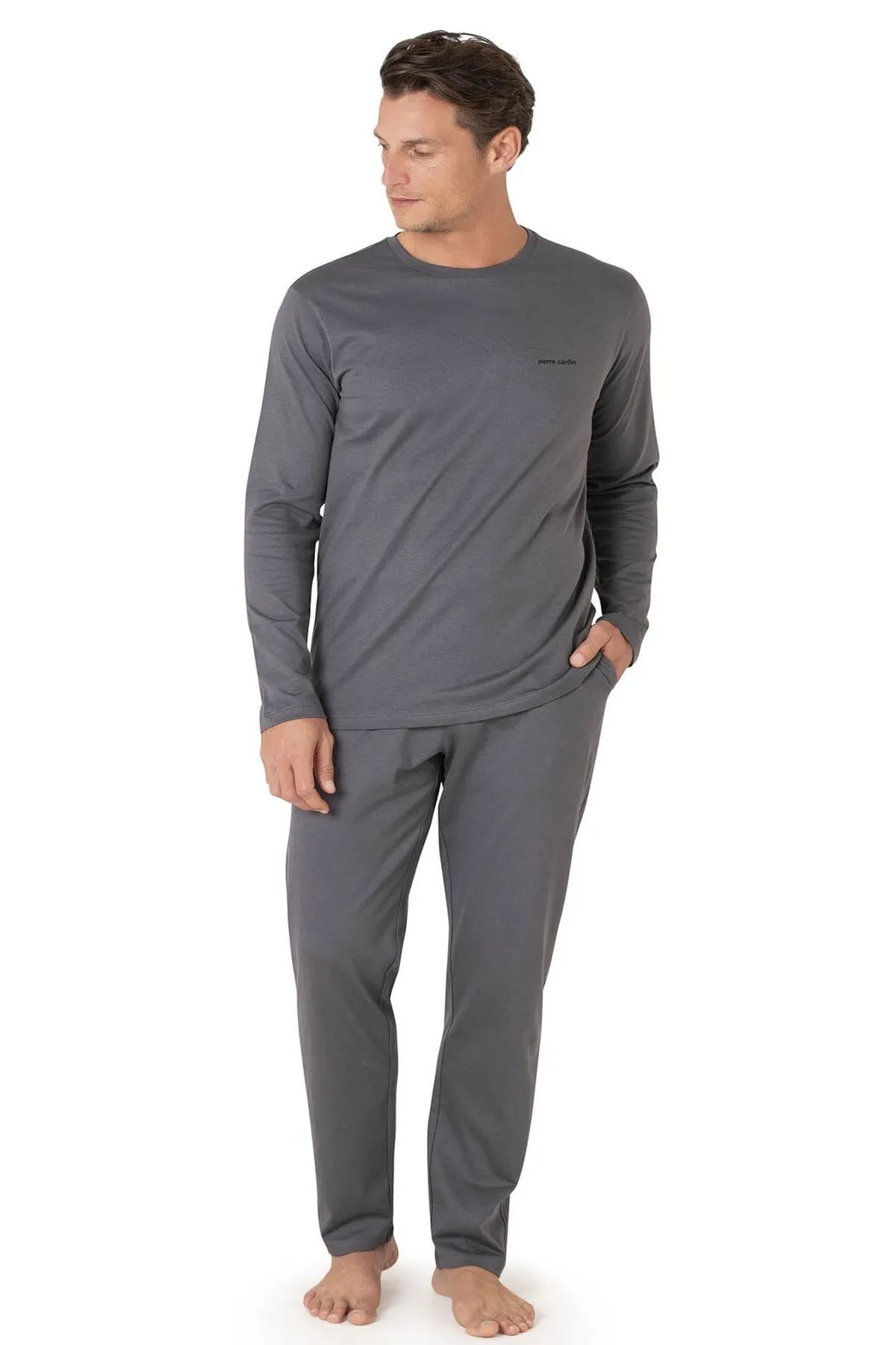 Pierre Cardin 5635 Erkek %100 Pamuk Uzun Kollu Sabahlıklı Pijama Takım-Bordo