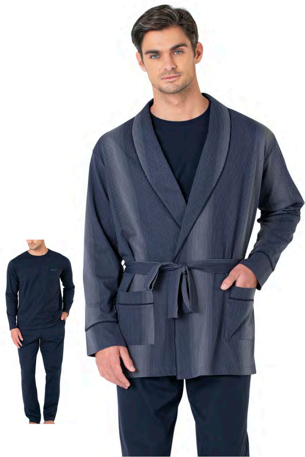 Pierre Cardin 5635 Erkek %100 Pamuk Uzun Kollu Sabahlıklı Pijama Takım-Lacivert