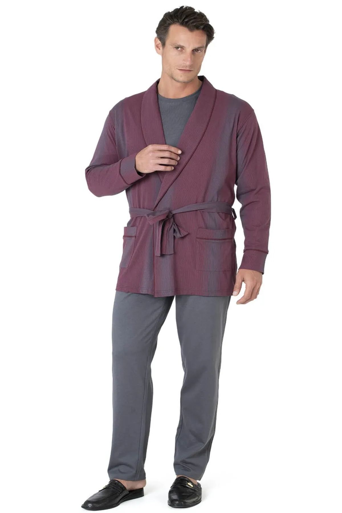 Pierre Cardin 5635 Erkek %100 Pamuk Uzun Kollu Sabahlıklı Pijama Takım-Bordo